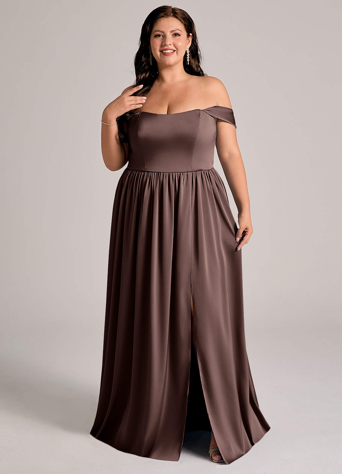 Azazie Calianna Bridesmaid Dresses Ganache A-Line Off the Shoulder Stretch Satin Convertible Dress image7