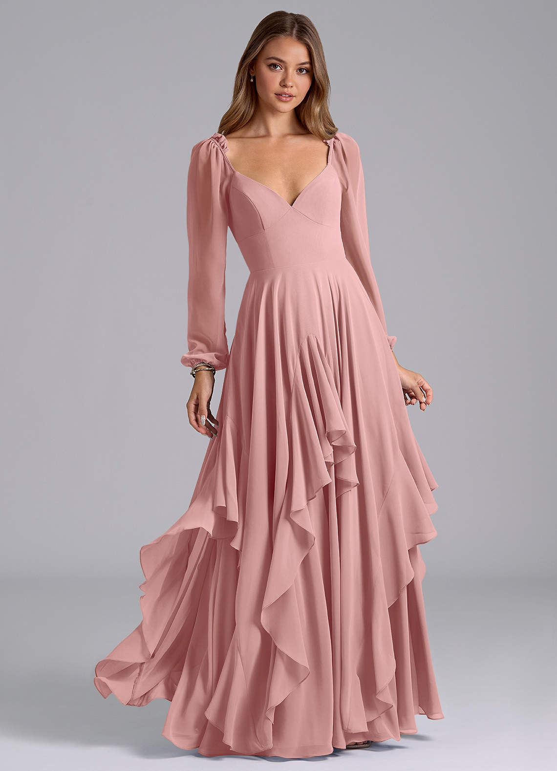 Azazie Karan Bridesmaid Dresses Dusty Rose A-Line Long Sleeve Chiffon Dress image1