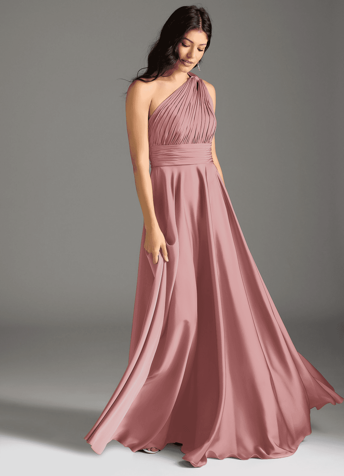 Azazie Charlize Bridesmaid Dresses Dusty Rose A-Line One Shoulder Stretch Satin Dress image2