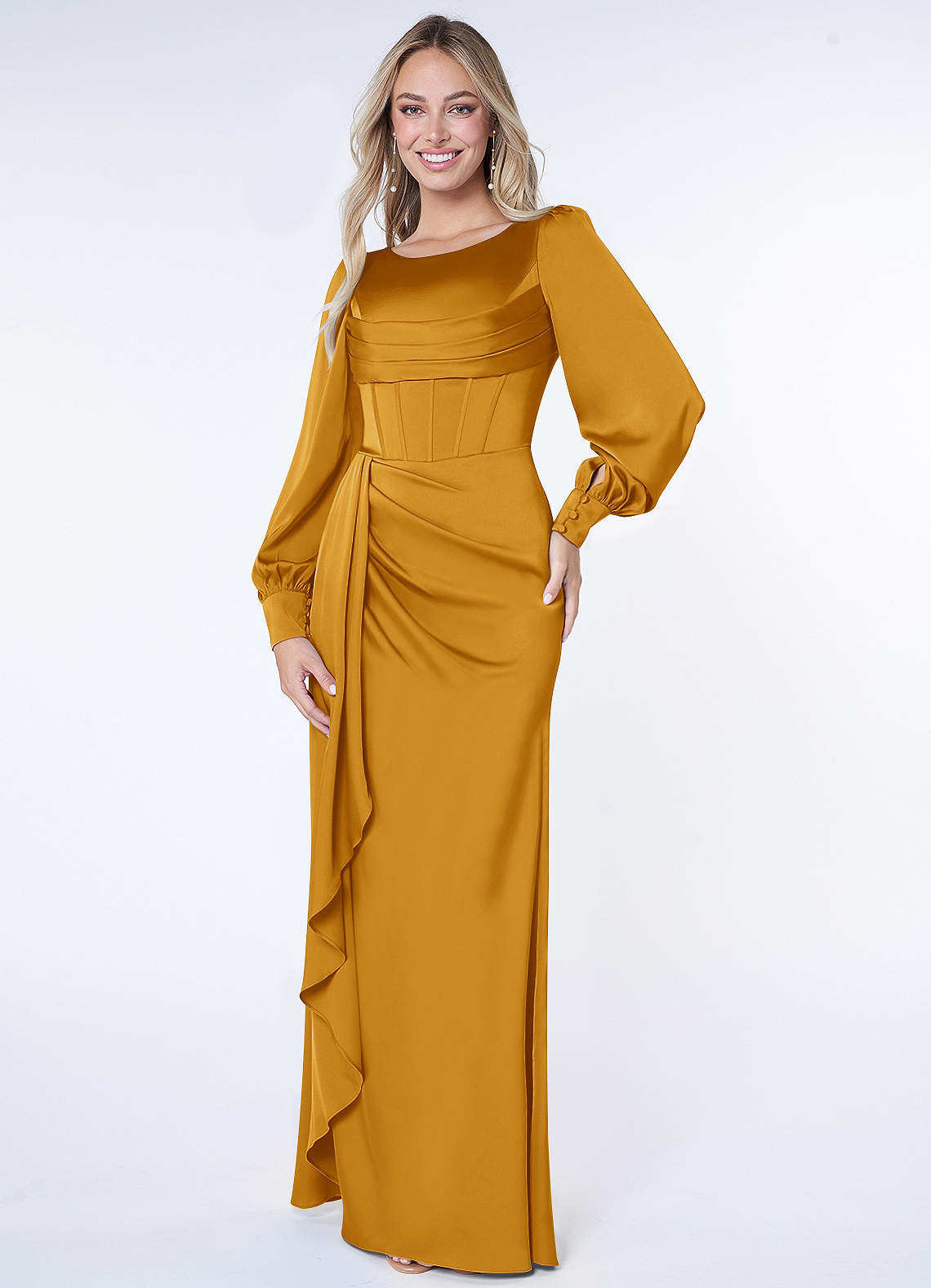 Azazie Raye Robes de demoiselle d'honneur Robe Sirène en Satin extensible Manche longue Caramel écossais image1