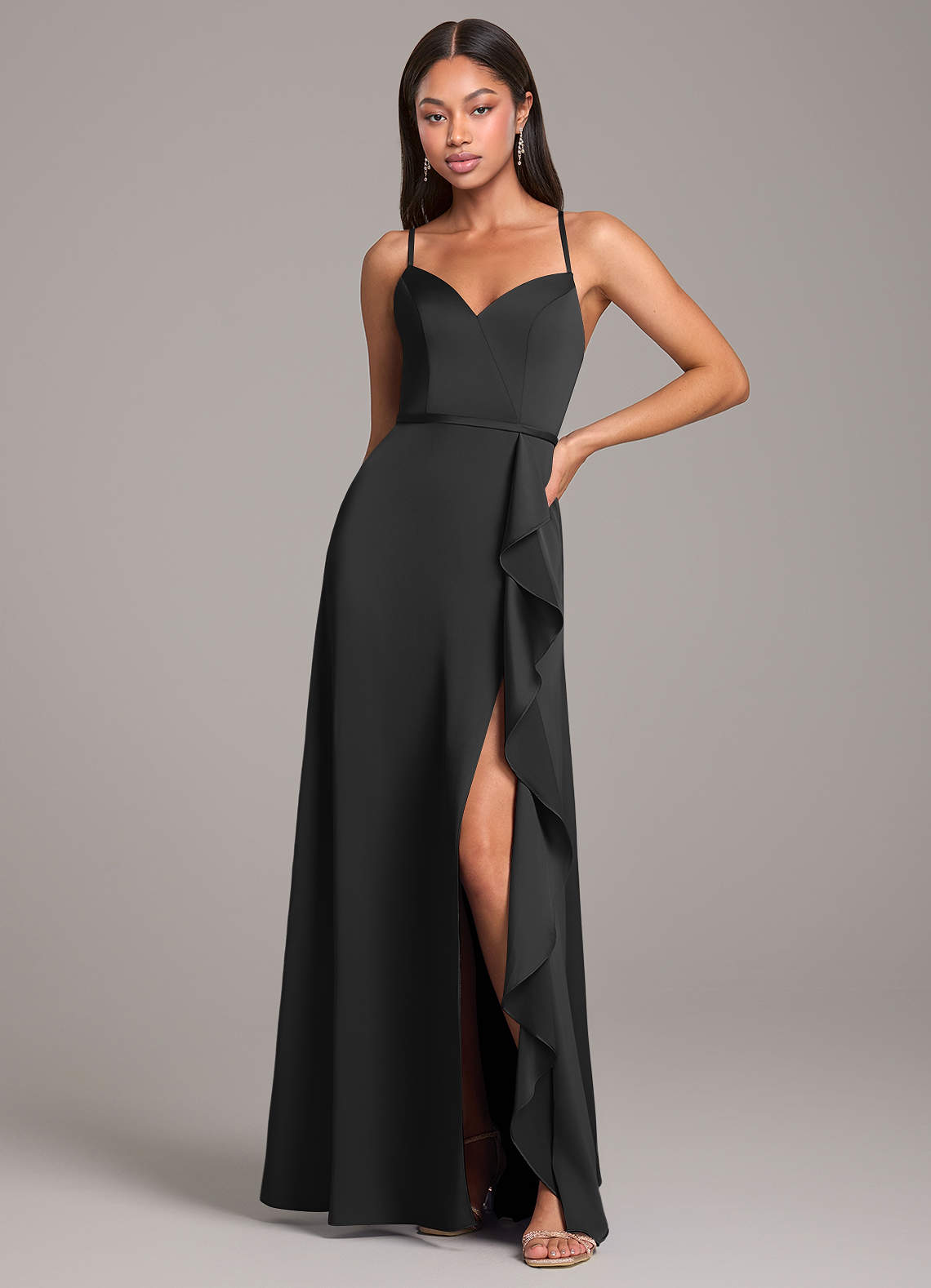 Azazie Naeem Bridesmaid Dresses Black A-Line Stretch Satin Dress image1