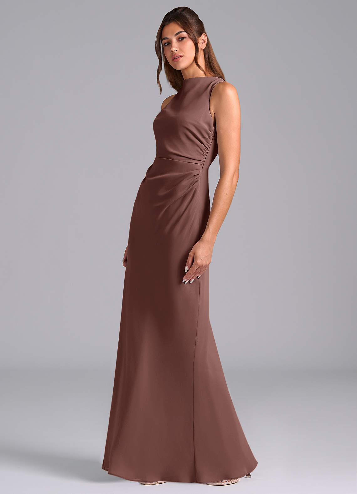 Azazie Evadne Bridesmaid Dresses Espresso A-Line Pleated Chiffon Dress image1
