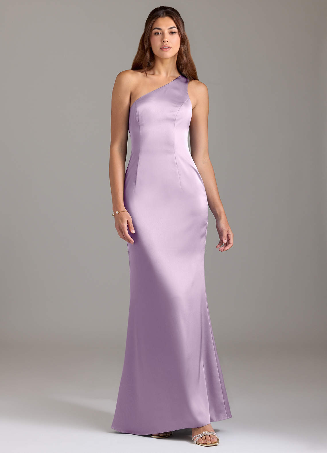 Azazie Arleth Bridesmaid Dresses Frosted Lilac A-Line One Shoulder Stretch Satin Dress image1