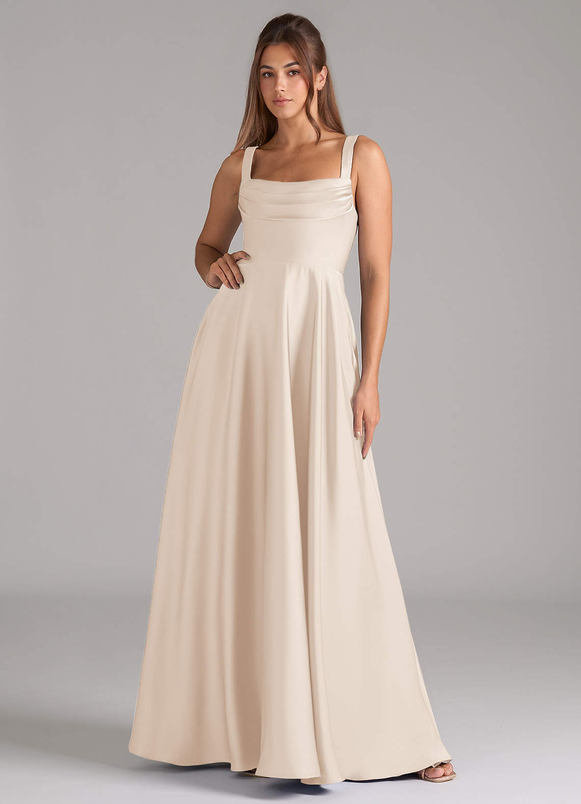 Azazie Shaude Bridesmaid Dresses White Alabaster A-Line Pleated Stretch Satin Dress image1