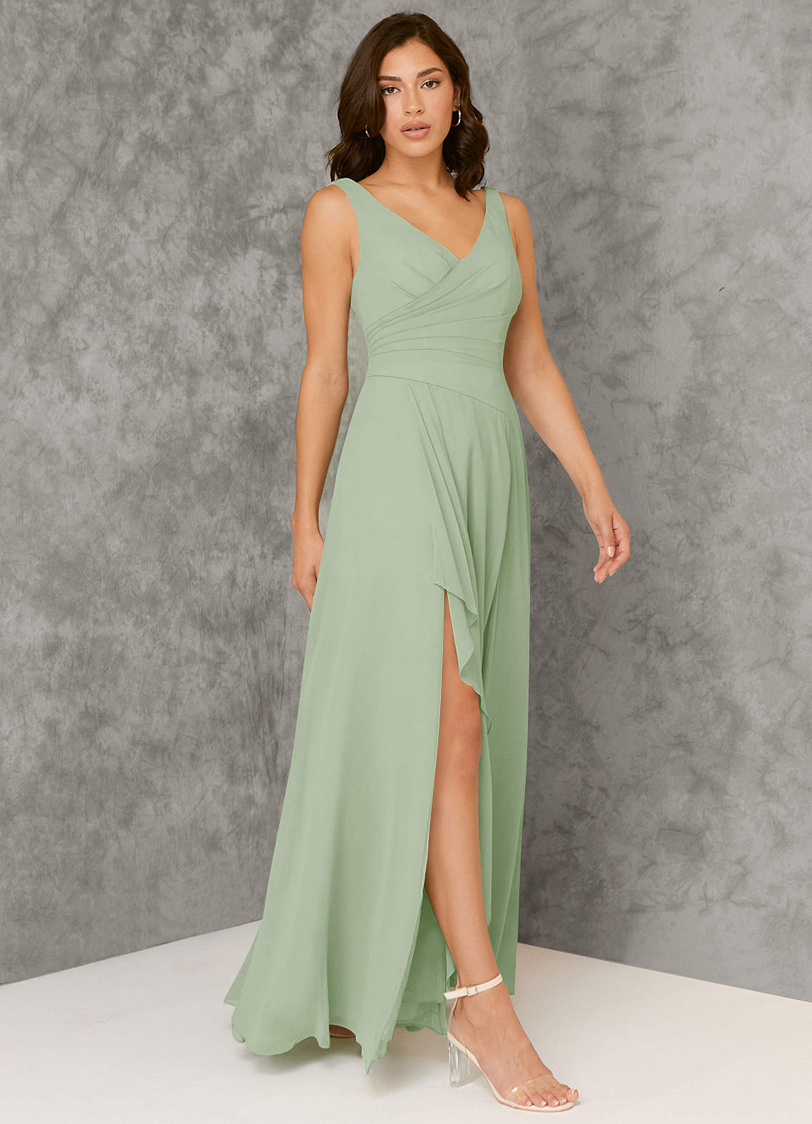 Azazie Kori Bridesmaid Dresses Dusty Sage A-Line Pleated Chiffon Dress image1