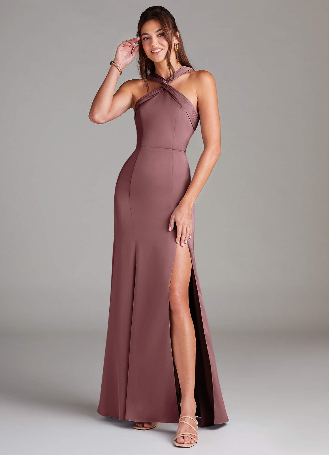 Azazie Rue Bridesmaid Dresses Vintage Mauve A-Line Pleated Stretch Satin Dress image1