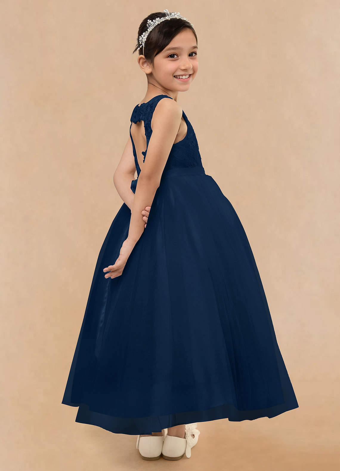 Dark Navy Azazie Calla Ball-Gown Lace Tulle Ankle-Length Dress | Azazie