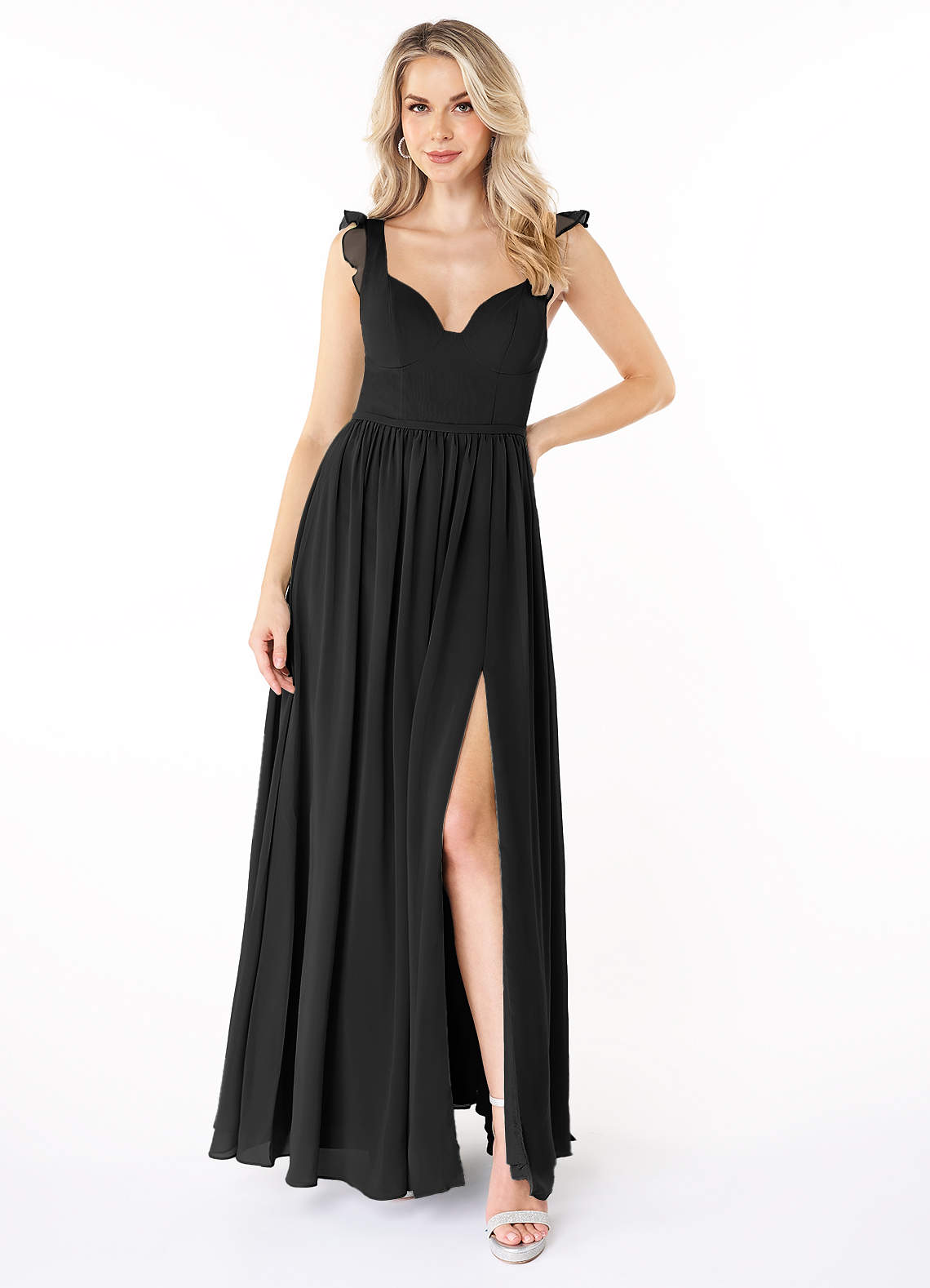 Azazie Stassie Bridesmaid Dresses Black A-Line Sweetheart Ruched Chiffon Dress image1