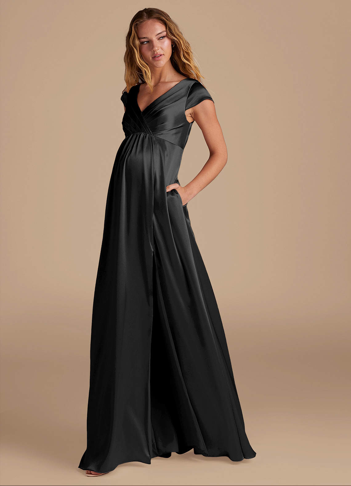 Azazie Allessia Vestidos de dama de honra para maternidade Vestir Linha A Comprimento do chão Cetim Metálico image2