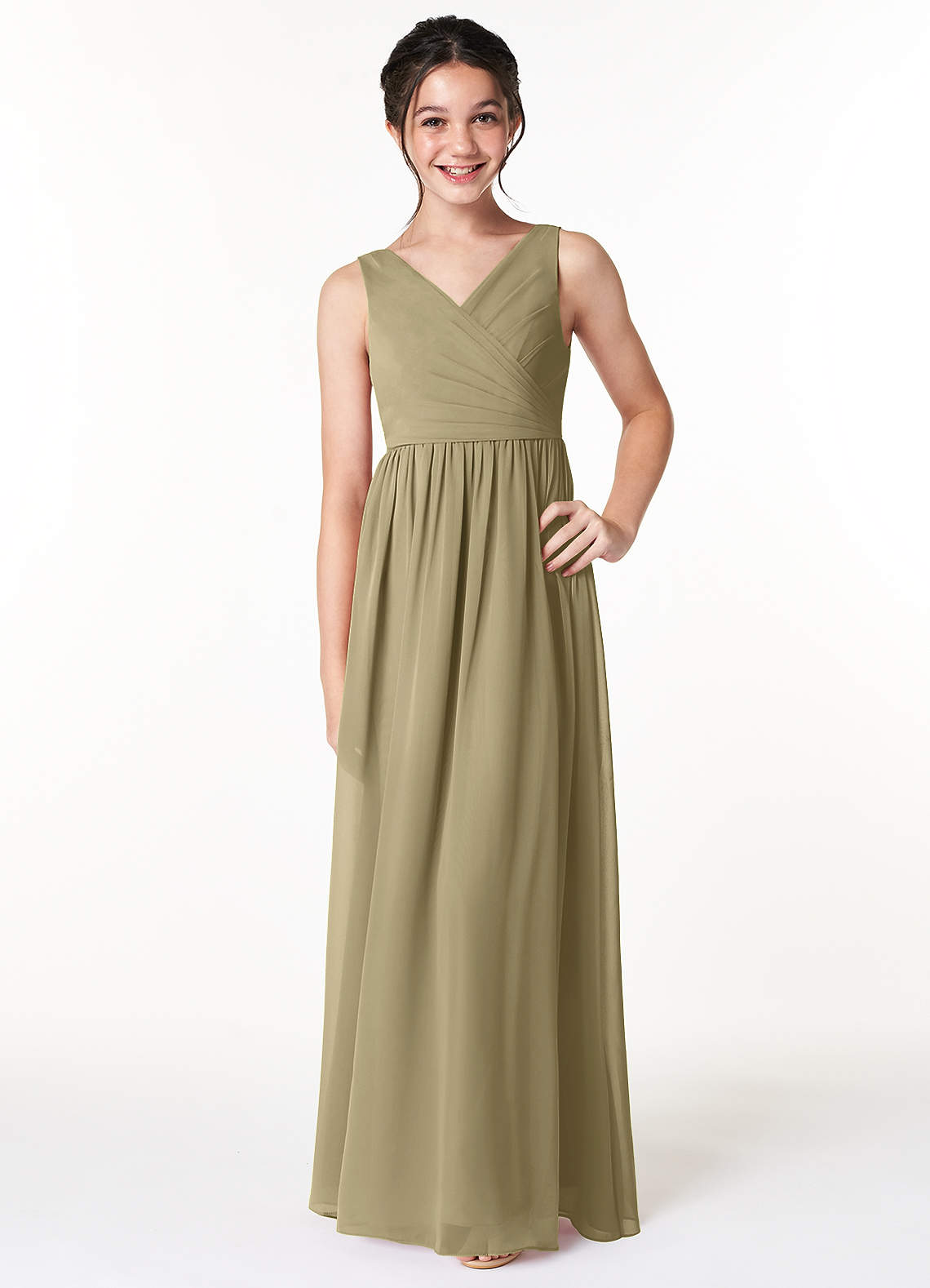 Azazie Sawyer Junior Moss Green A-Line Pleated Chiffon Dress image1