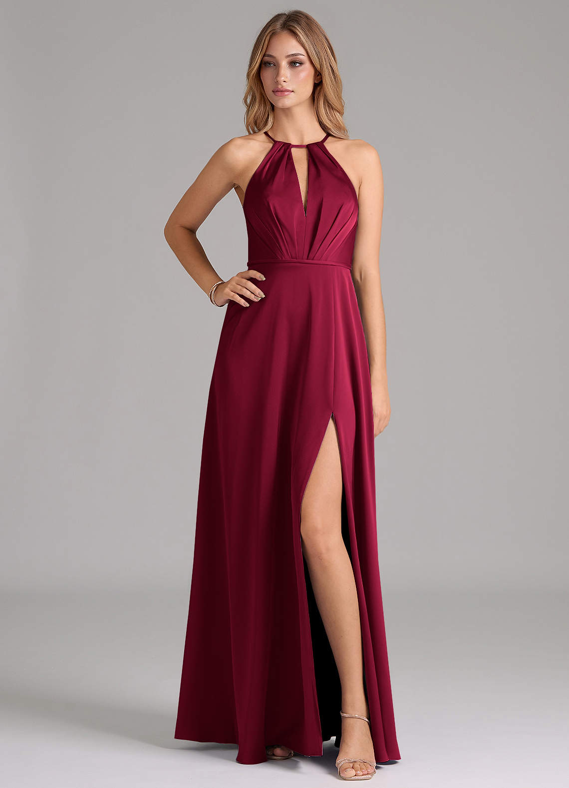 Azazie Evalleen Bridesmaid Dresses Burgundy A-Line Pleated Stretch Satin Dress image1