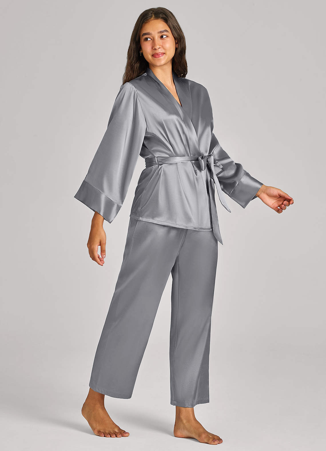 front Matching Color Satin Wrap Front Belted PJ Set