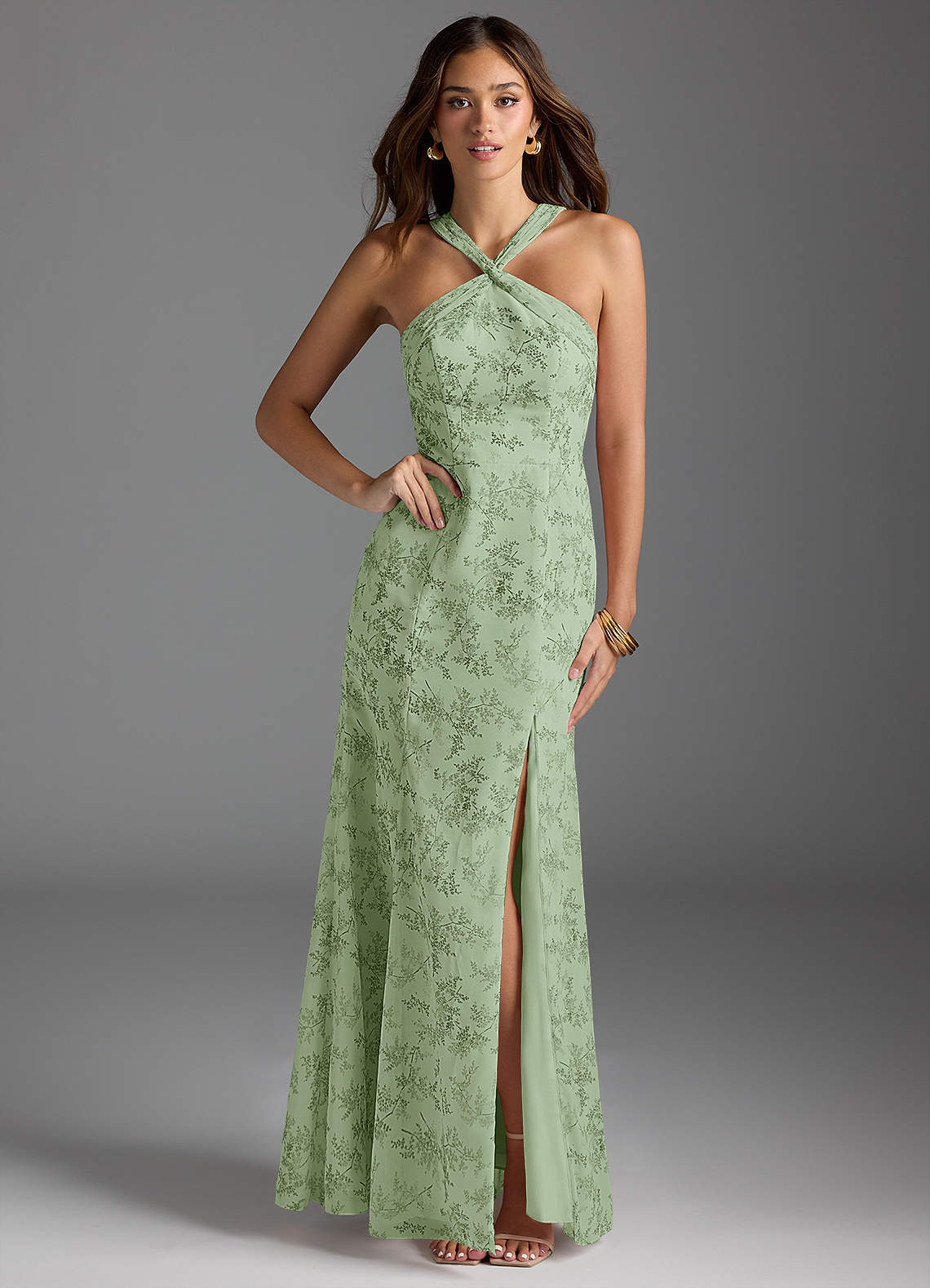 Azazie Rue Bridesmaid Dresses Green Fern Floral A-Line Halter Chiffon Dress image1