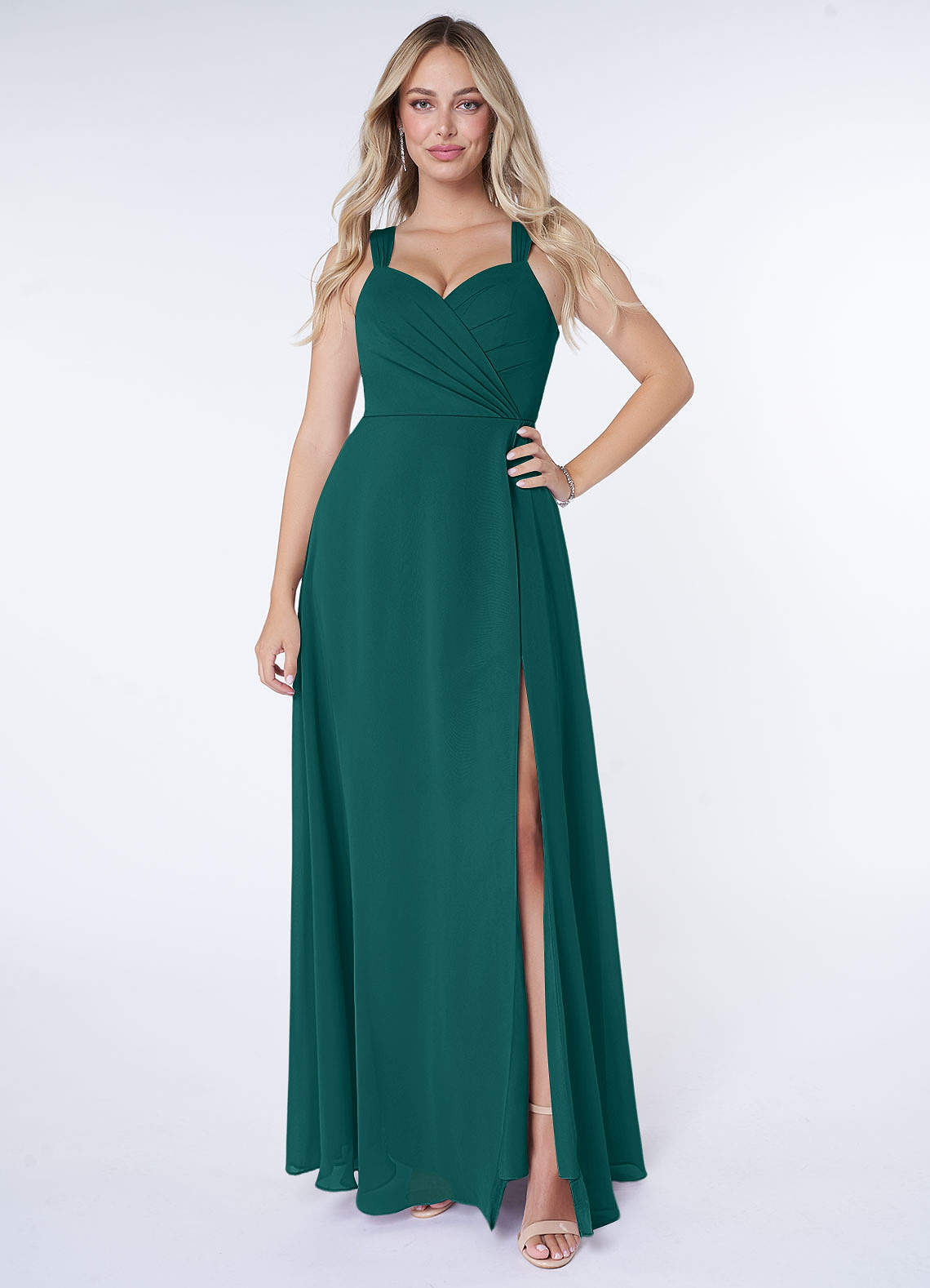Azazie Nahrin Bridesmaid Dresses Peacock A-Line V-Neck Pleated Chiffon Dress image1