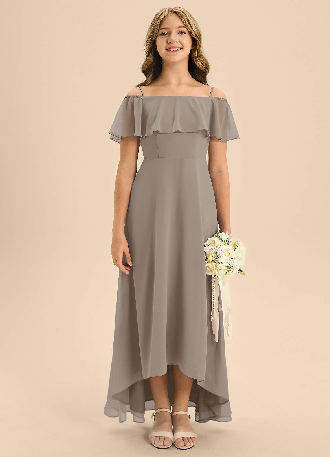 Azazie Maggie Junior Taupe A-Line Off the Shoulder Chiffon Dress image1