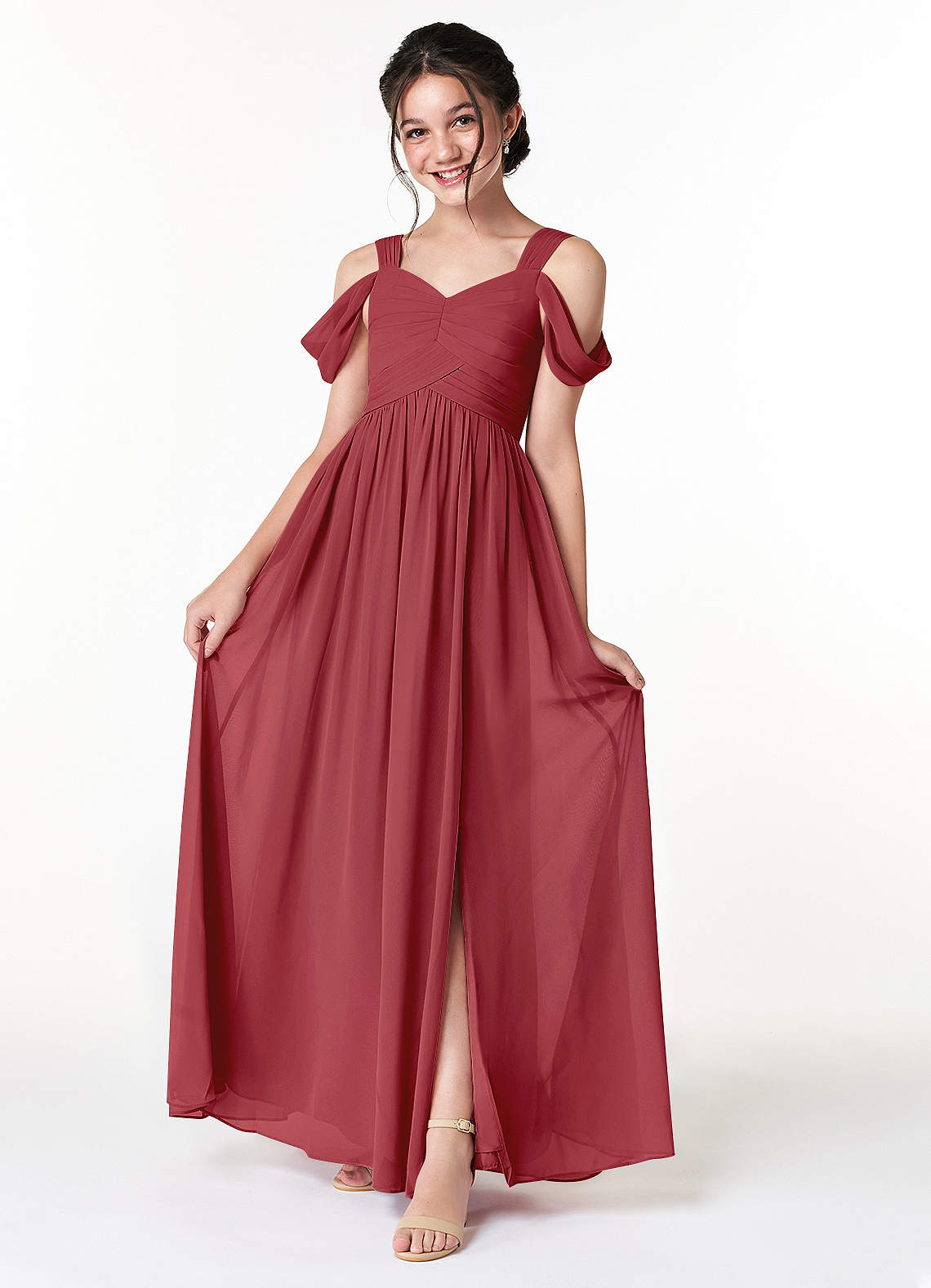 Azazie Lianne Junior Abito A-Line in Chiffon a Spalla Scoperta Melograno image1
