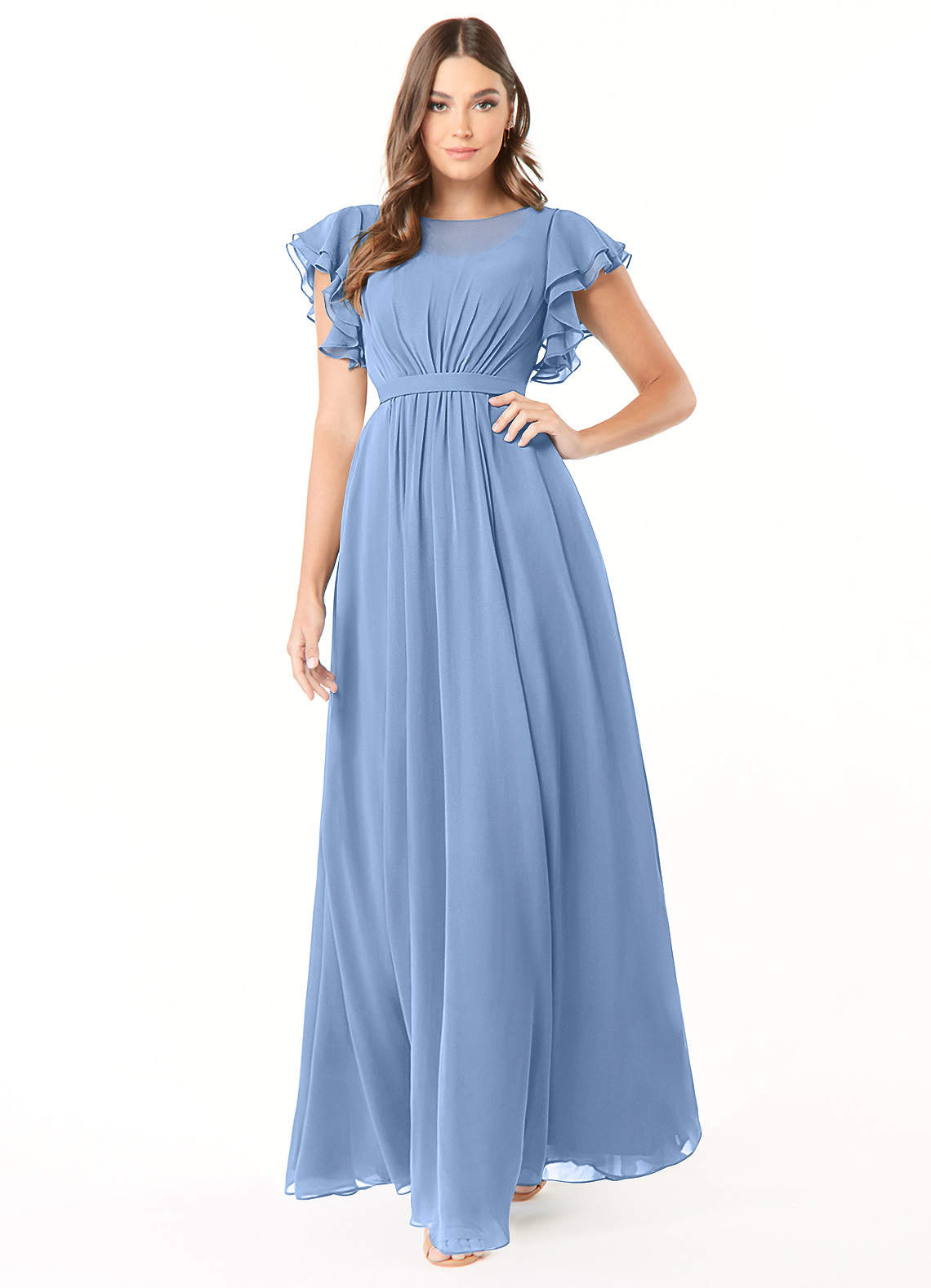 Azazie Daphne Bescheidene Brautjungfernkleider A-Linie Gekräuselt Chiffon Bodenlänge Kleider image1