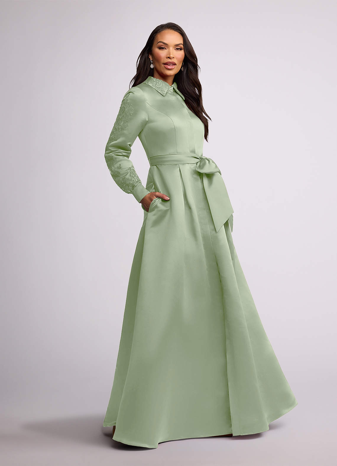 Azazie Ruth Mother of the Bride Dresses Dusty Sage A-Line Lace Matte Satin Dress image1