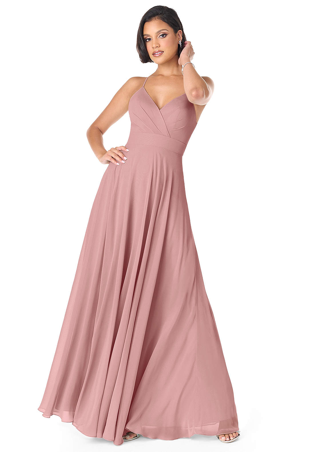 Azazie Avelina Bridesmaid Dresses Dusty Rose A-Line V-Neck Pleated Chiffon Dress image1