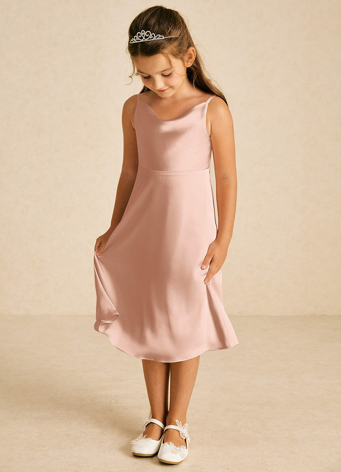 Spaghetti Straps Tea Length Gold Satin Party Dress