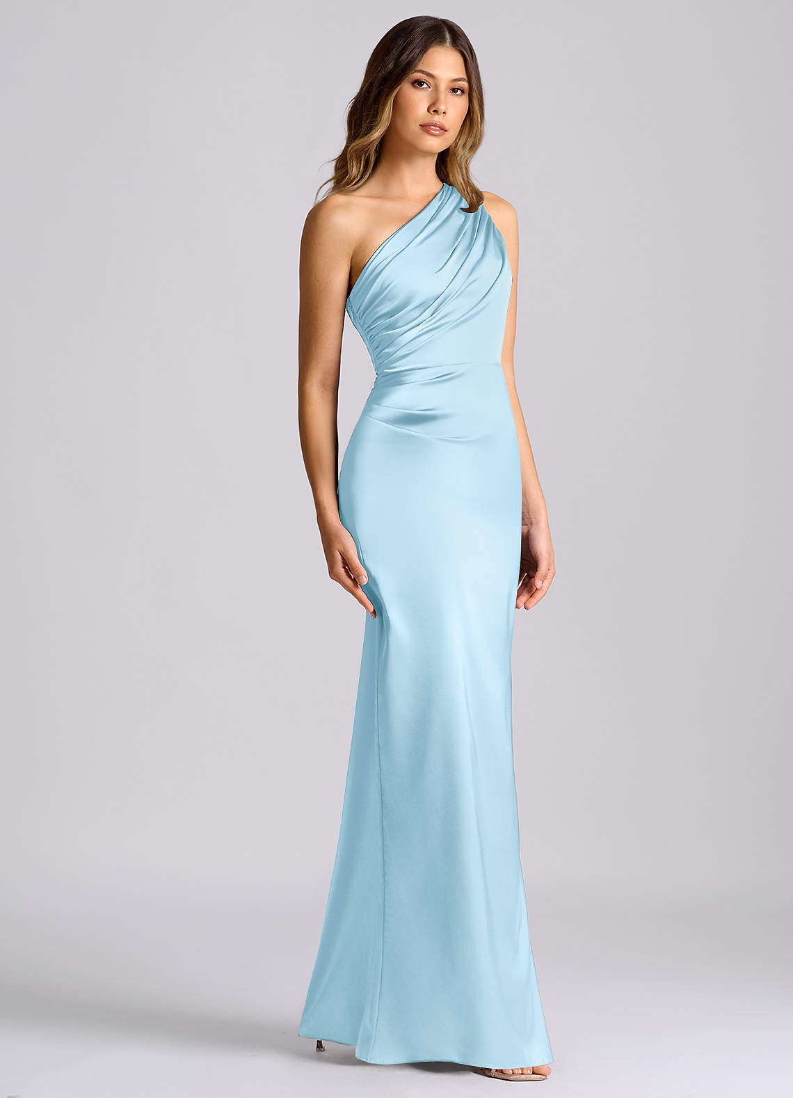 Azazie Akilah Essayer des robes à la maison Robe Sirène en Satin extensible Une épaule Bleu Ciel image2