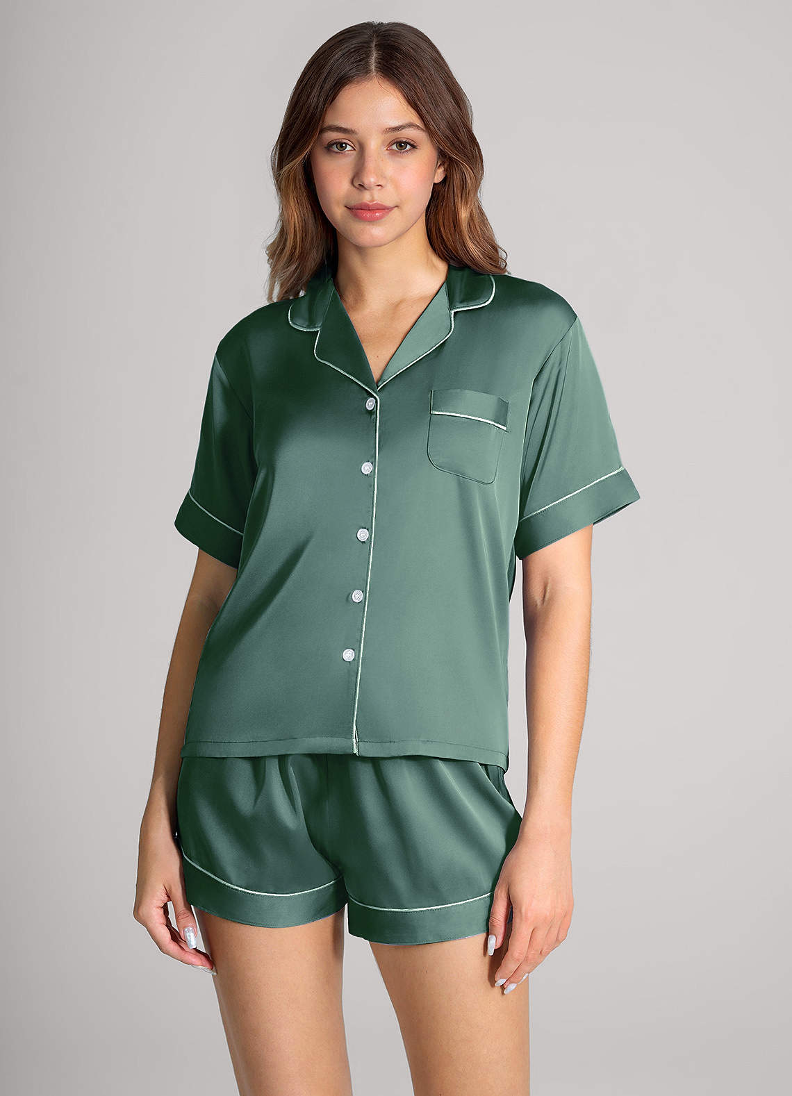 front Matching Color Satin Contrast Piping Pajama Set