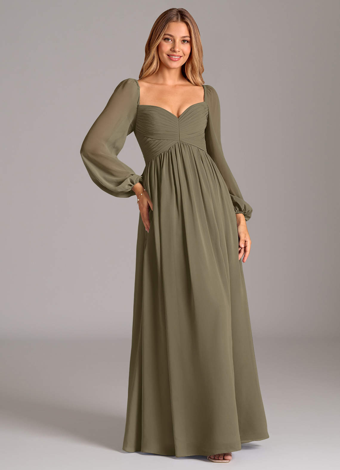 Azazie A-Line V-Neck Long Sleeve Floor-Length Chiffon Bridesmaid Dresses - Willow Green