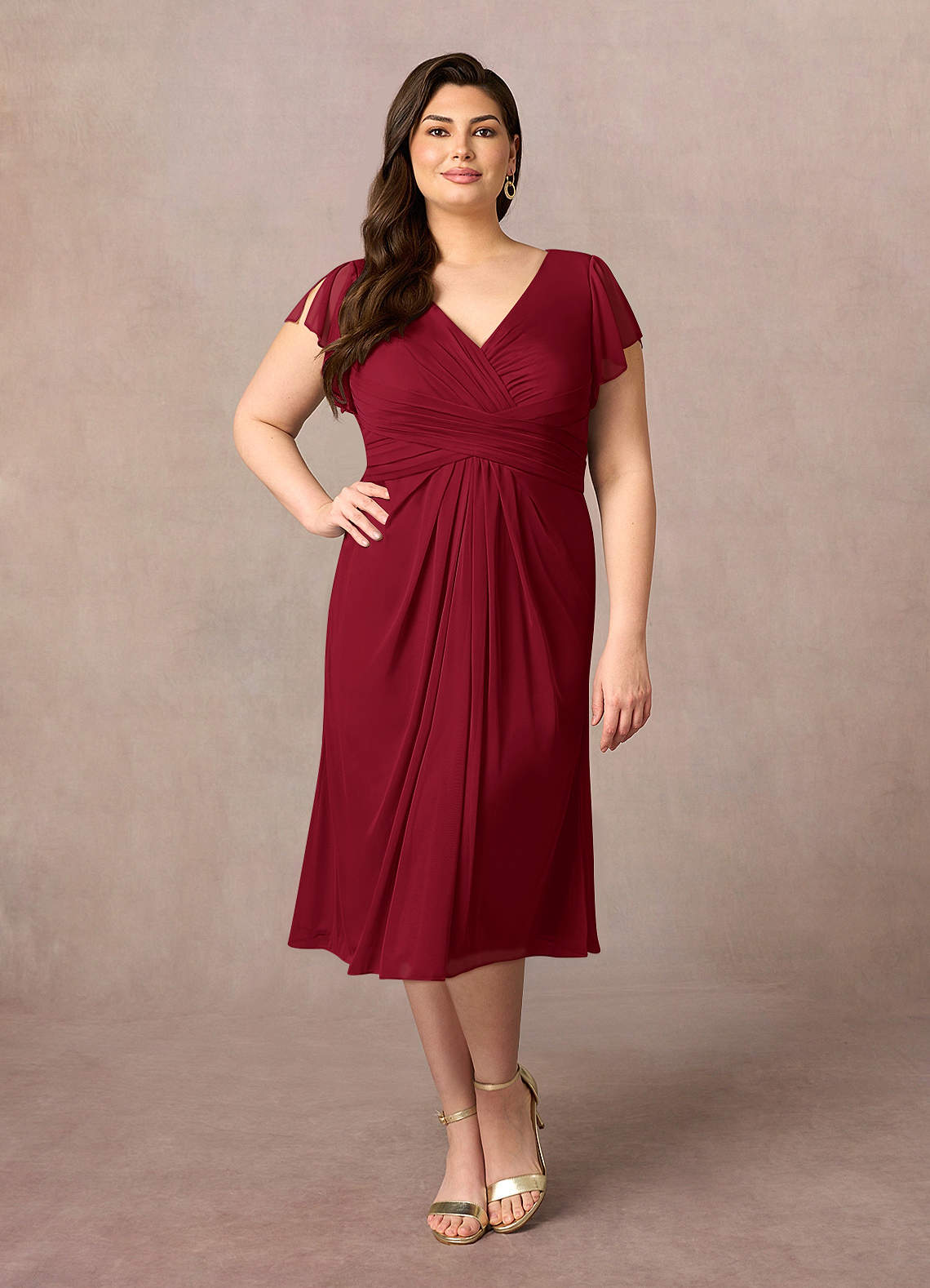 Azazie Vera Mother of the Bride Dresses Burgundy A-Line V-Neck Pleated Mesh Dress image5