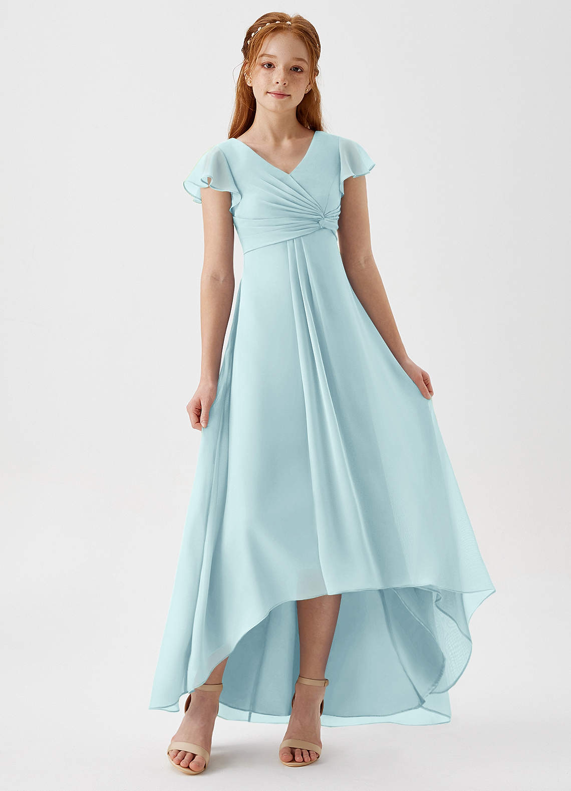 Azazie Breanne Junior Abito A-Line in Chiffon Sea Glass image1