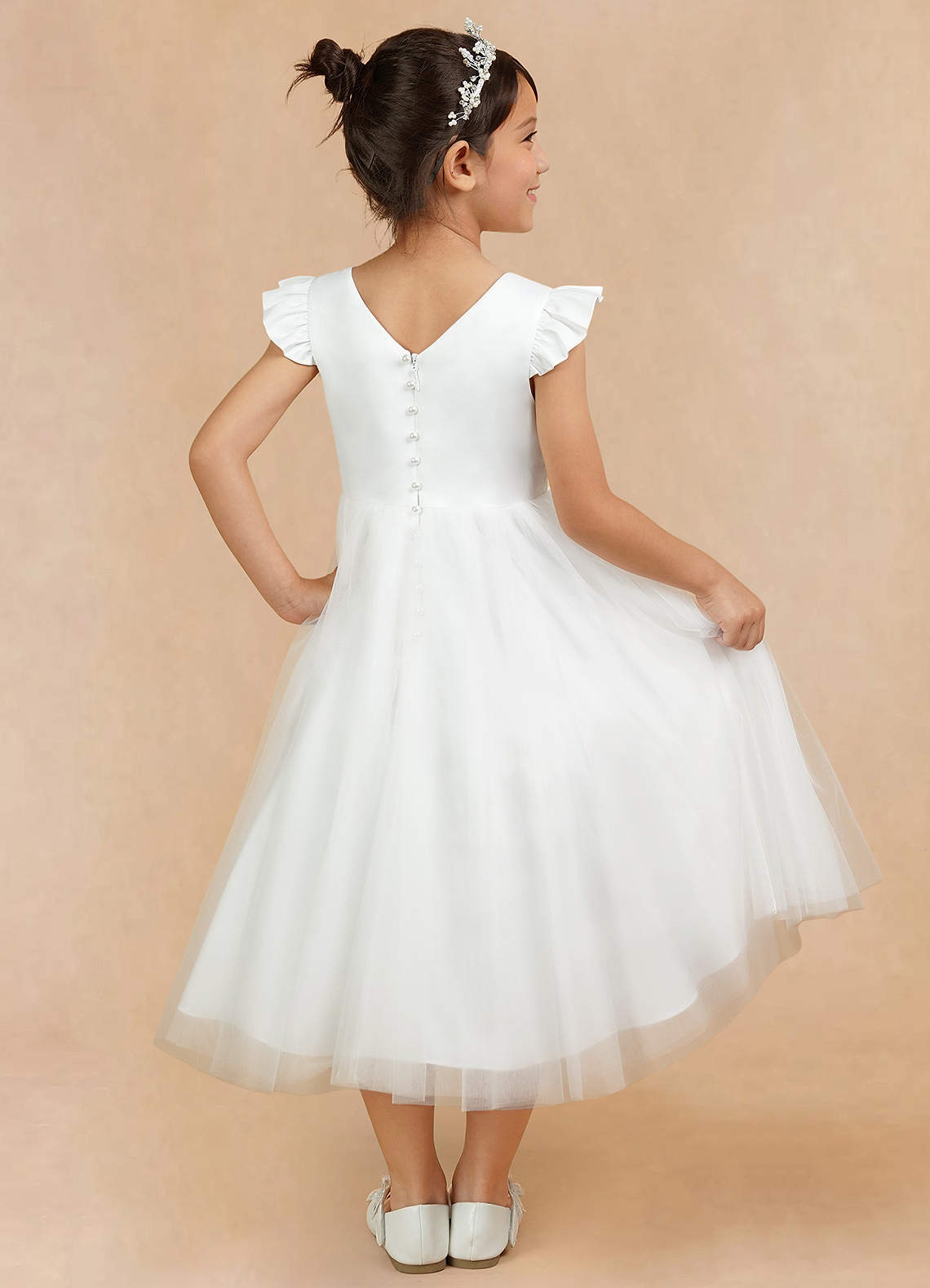 Azazie Hemi Flower Girl Dresses Ivory Dusty Rose A-Line Bow Tulle Dress image8