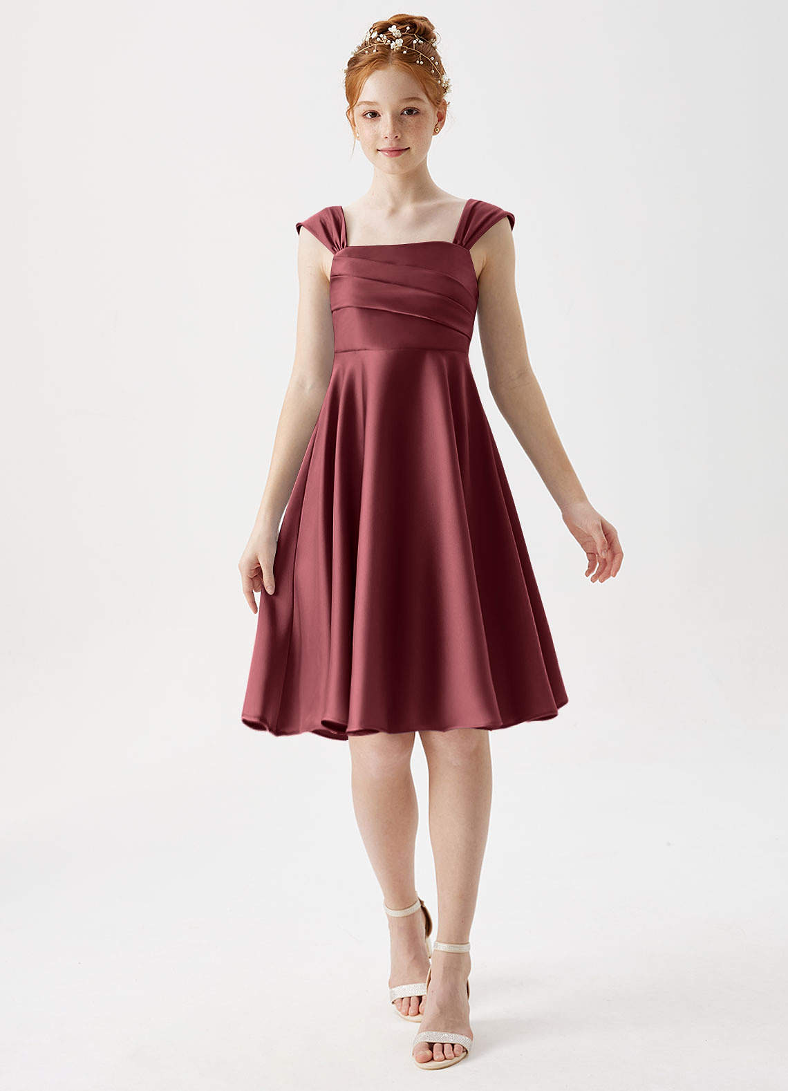 Azazie Amira Junior Merlot A-Line Pleated Stretch Satin Dress image1