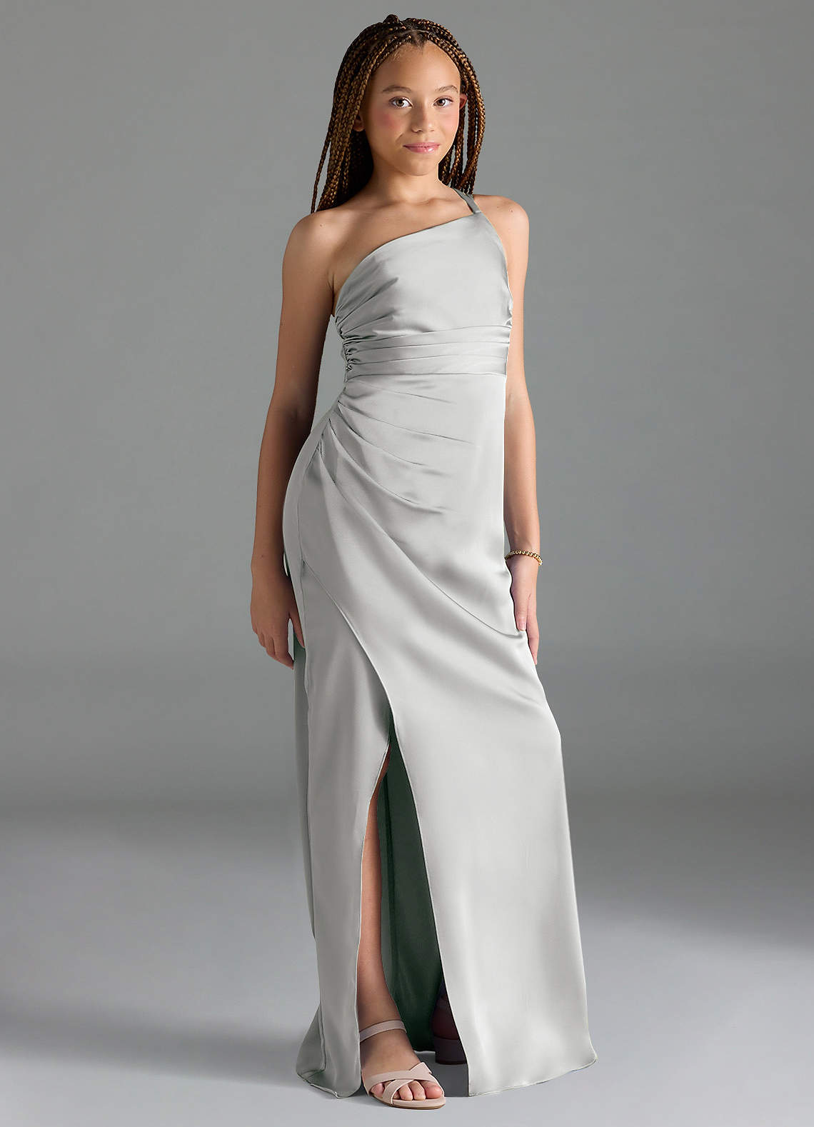 Azazie Eren Junior Silver Sheath Pleated Stretch Satin Dress image1