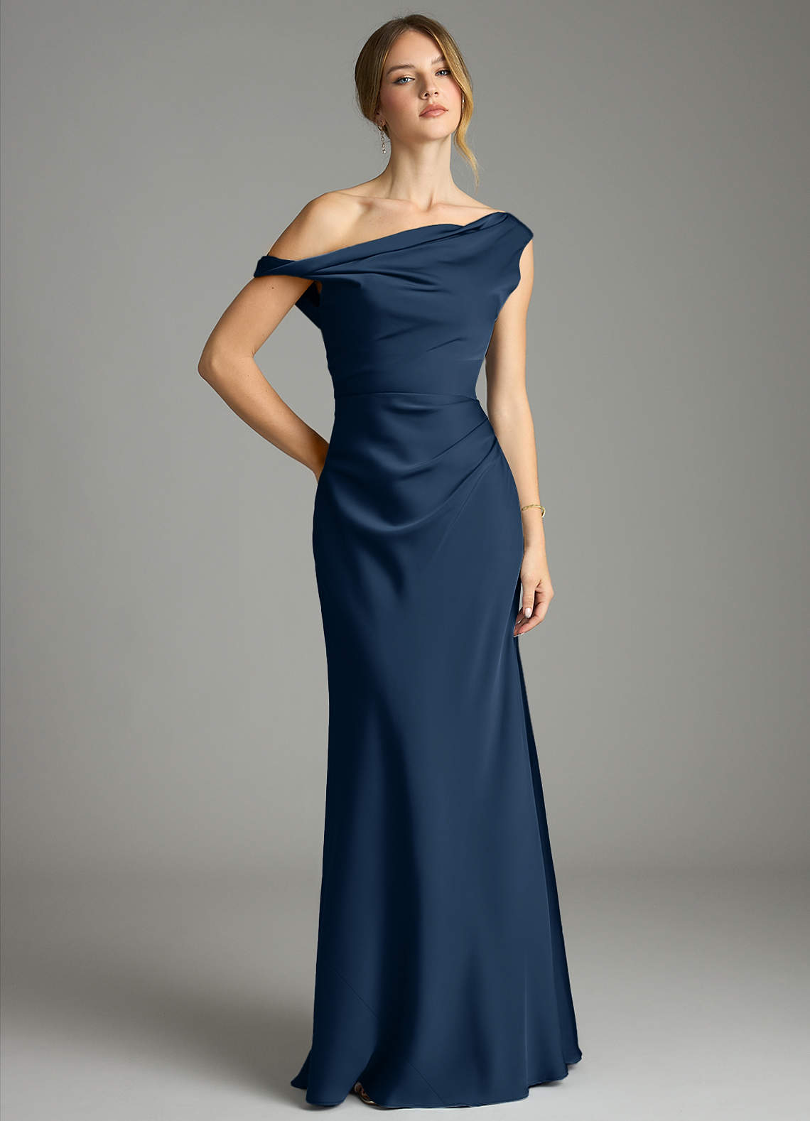 Azazie Mermaid Off-The-Shoulder Floor-Length Stretch Satin Bridesmaid Dresses - Dark Navy