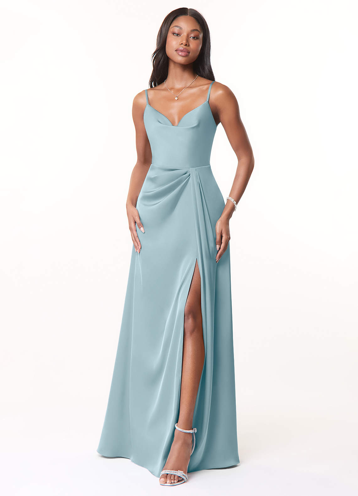 Azazie Brielle Bridesmaid Dresses Moody Blue A-Line Cowl Spaghetti Straps Stretch Satin Dress image1