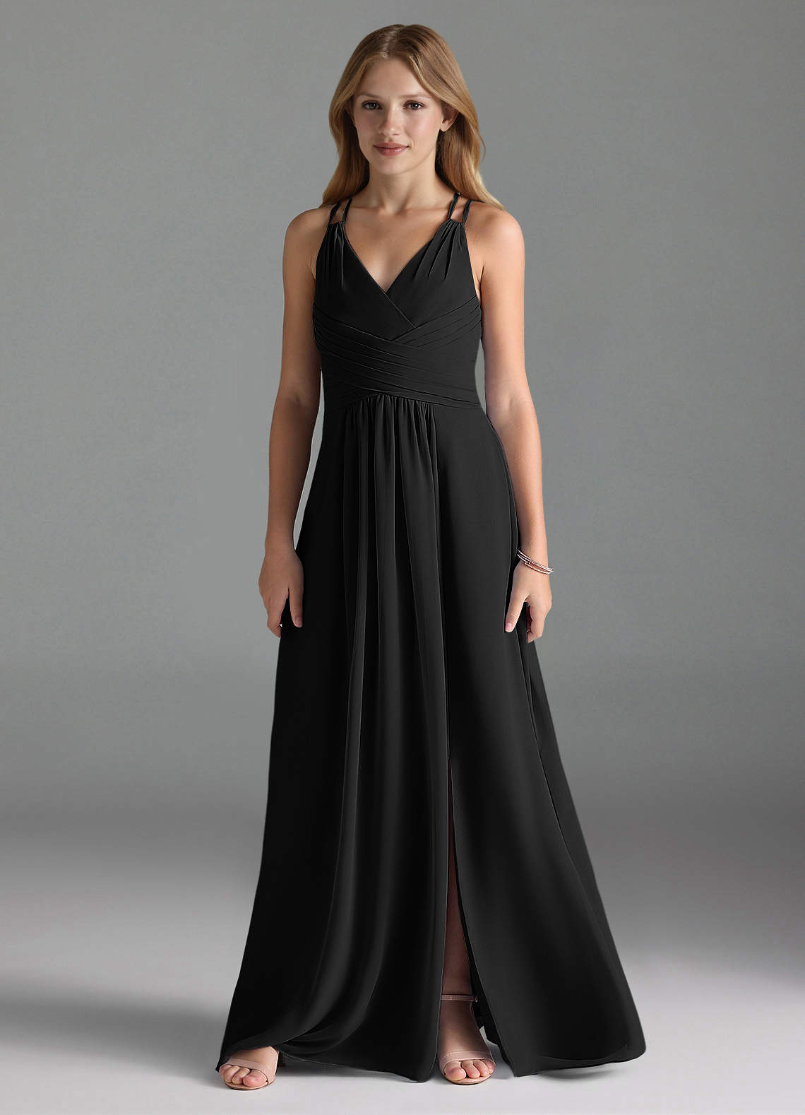 Azazie Farren Junior Black A-Line Pleated Chiffon Dress image1