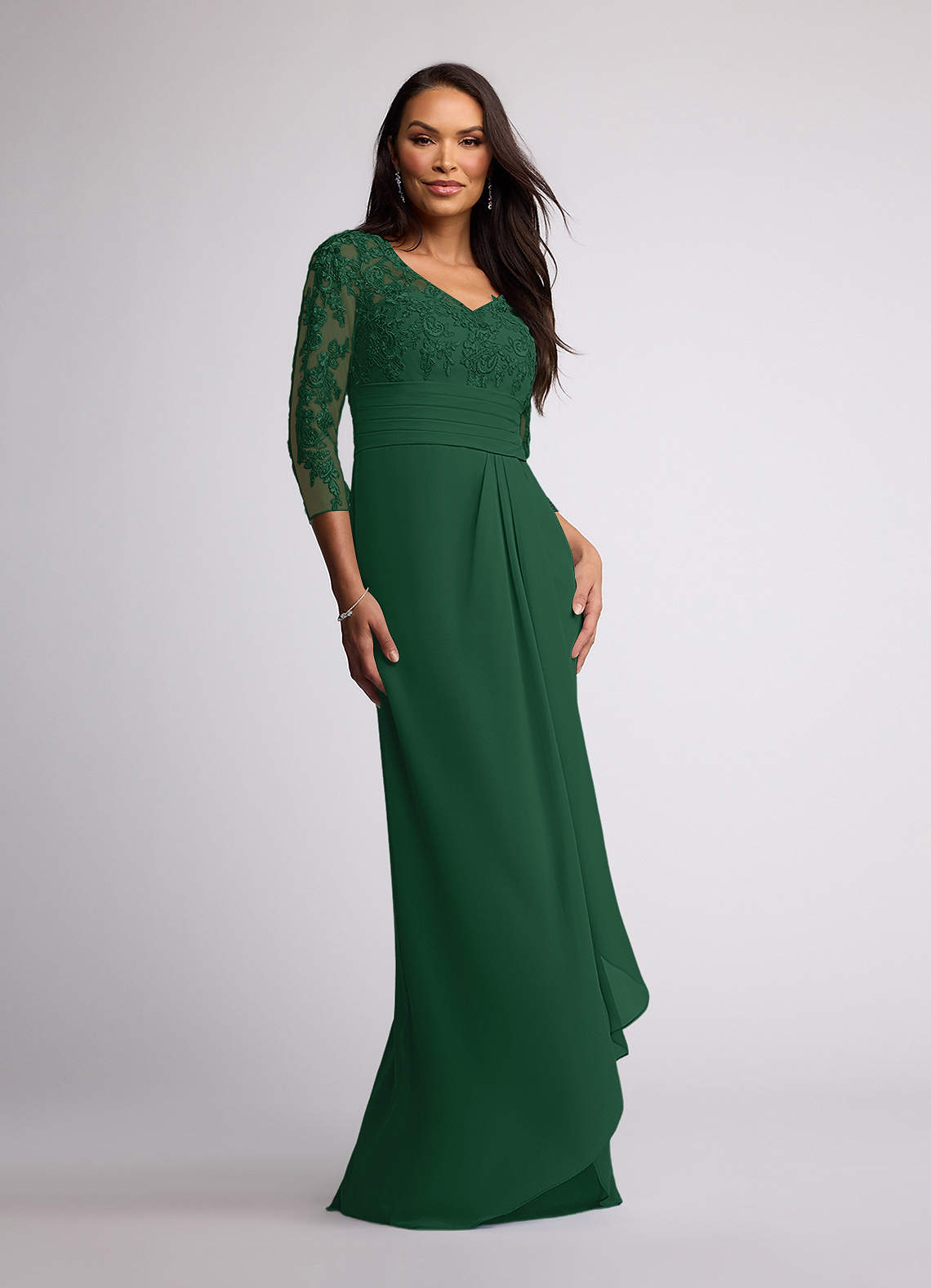 Azazie Joan vestidos de madre de la novia Vestido de Verde Oscuro de Gasa de Recto con Cuello en V de encaje image1
