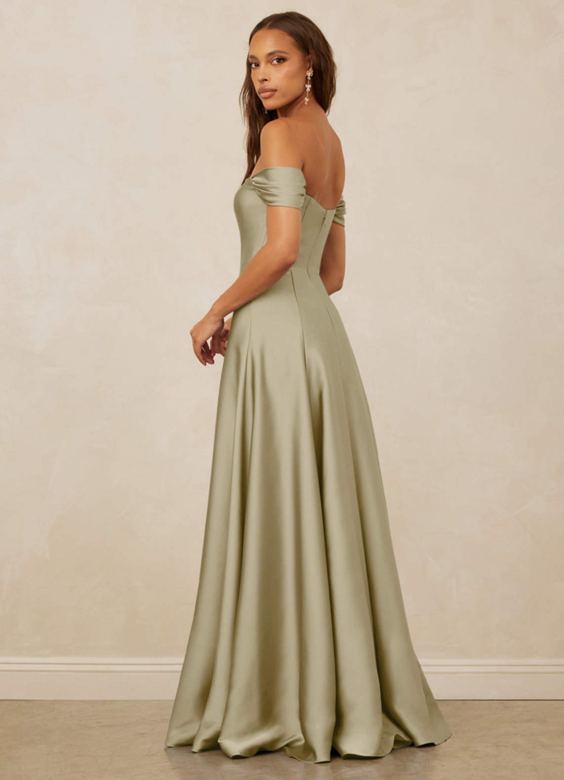 Christian Siriano Bridal for Azazie 1002 Bridesmaid Dresses Moss Green A-Line Off the Shoulder Stretch Satin Convertible Dress image2