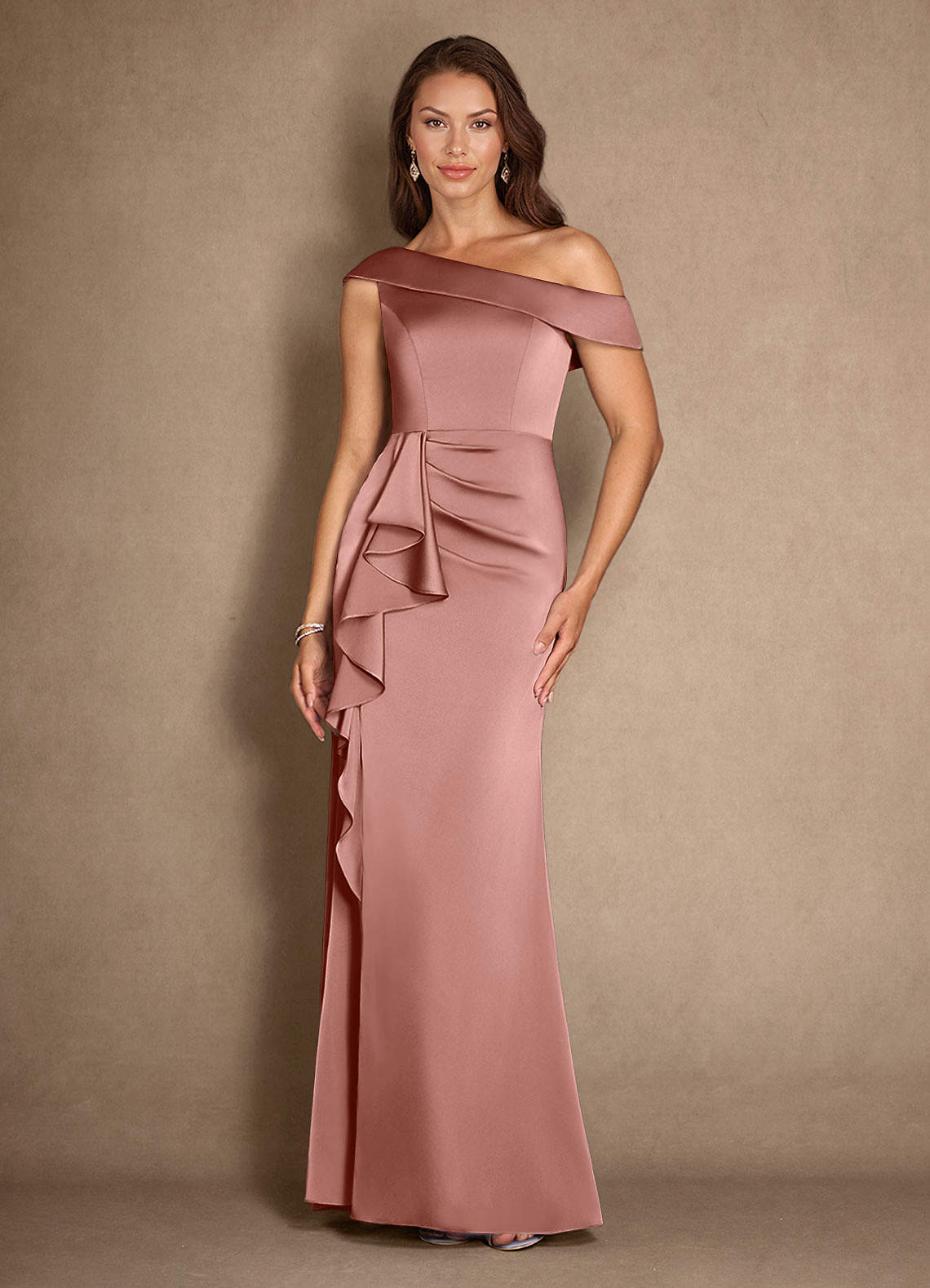 Azazie Hamptons Mother of the Bride Dresses Rosette A-Line Pleated Stretch Satin Dress image1