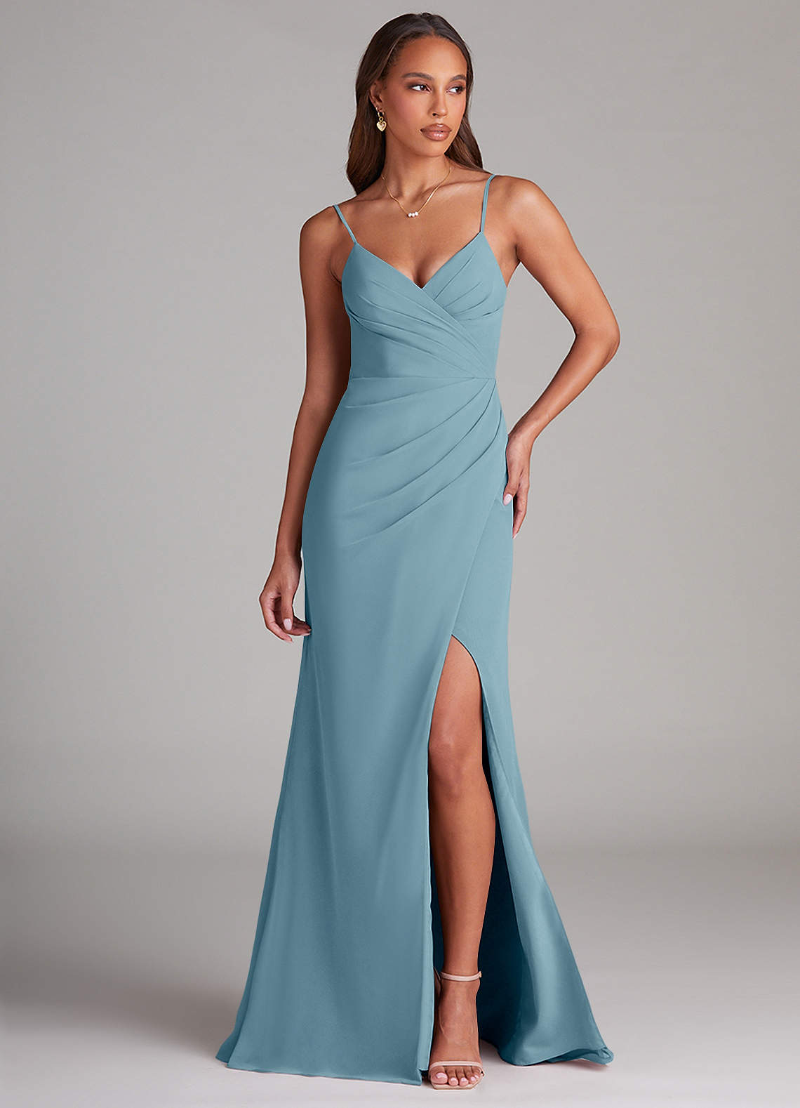 Azazie Maci Bridesmaid Dresses Moody Blue Sheath Pleated Chiffon Dress image1