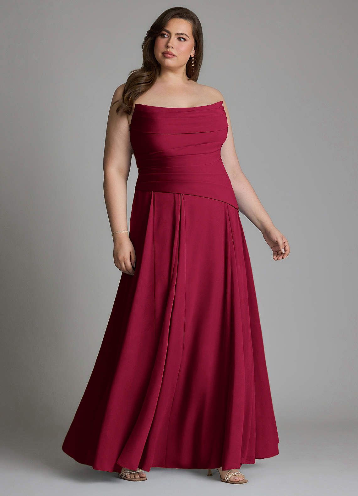 Azazie Gabriela At-home Try On Dresses Burgundy A-Line Corset Chiffon Dress image15