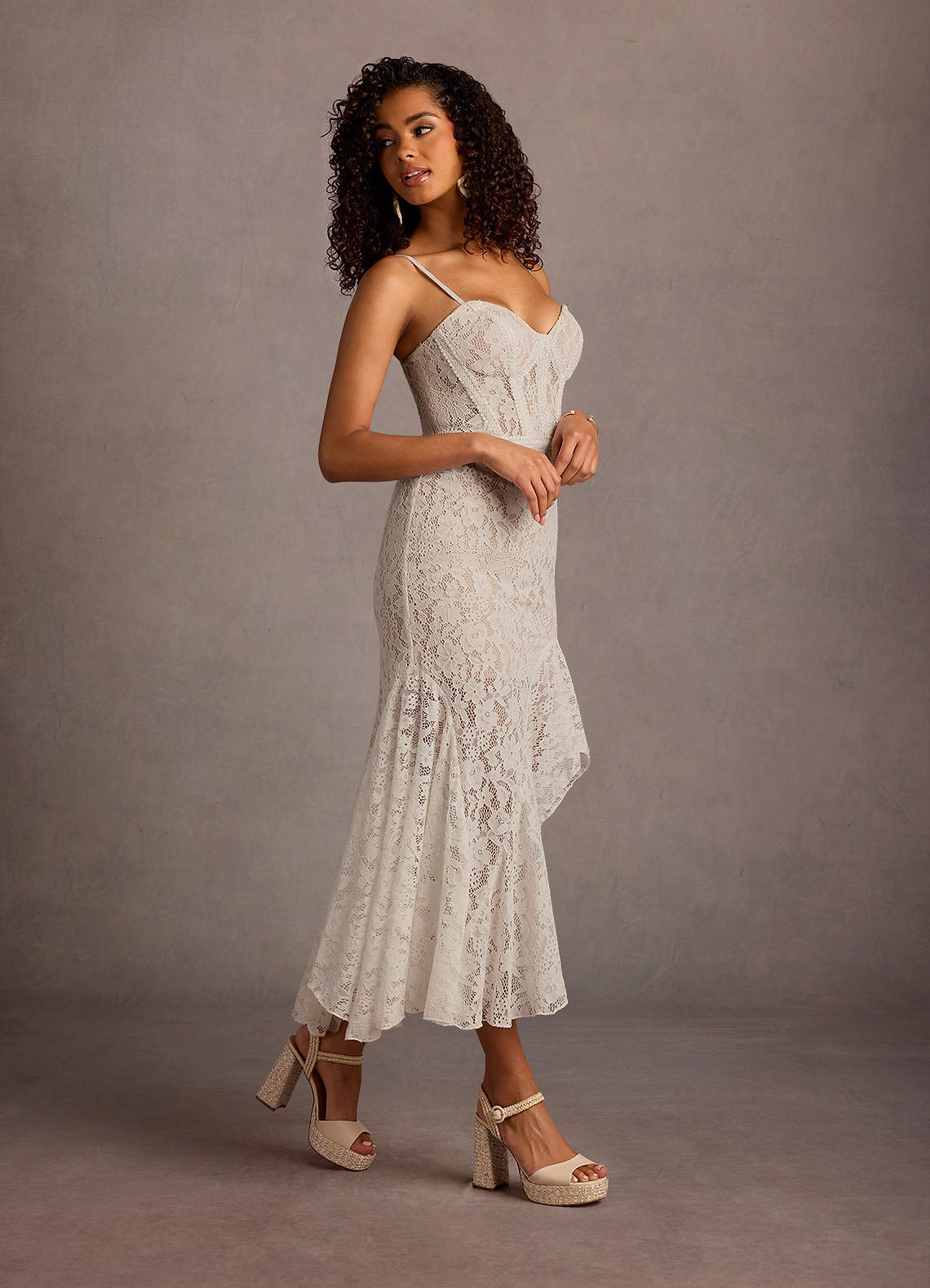 Kaira White Lace Corset Midi Dress Ready to Ship | Azazie CA