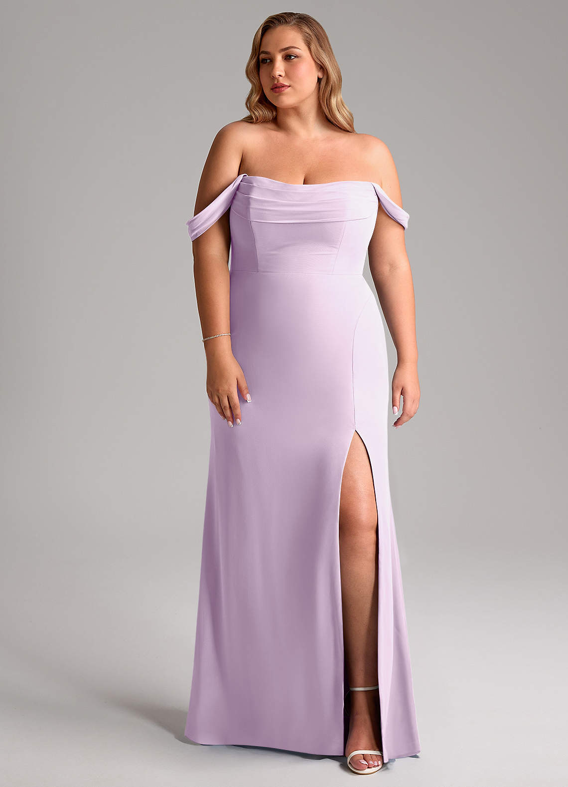 Azazie Saige Bridesmaid Dresses Frosted Lilac A-Line Off the Shoulder Chiffon Convertible Dress image9