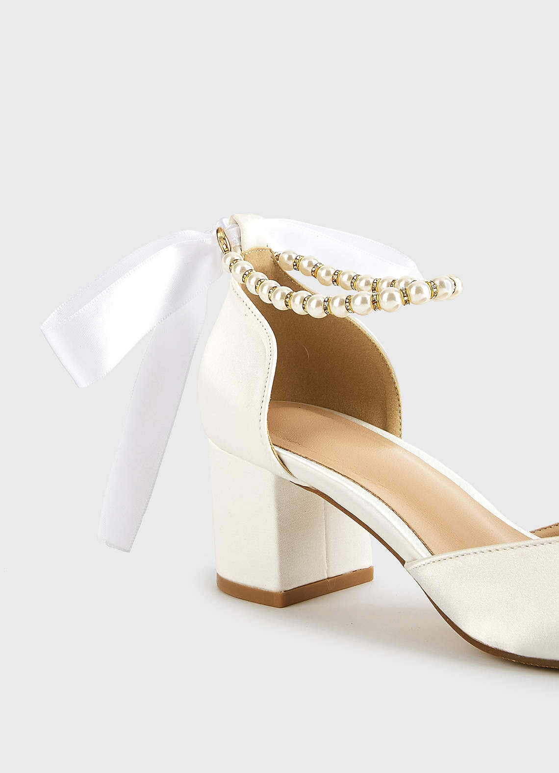 front Satin Pearl and Bow Pointed Toe Block Heels