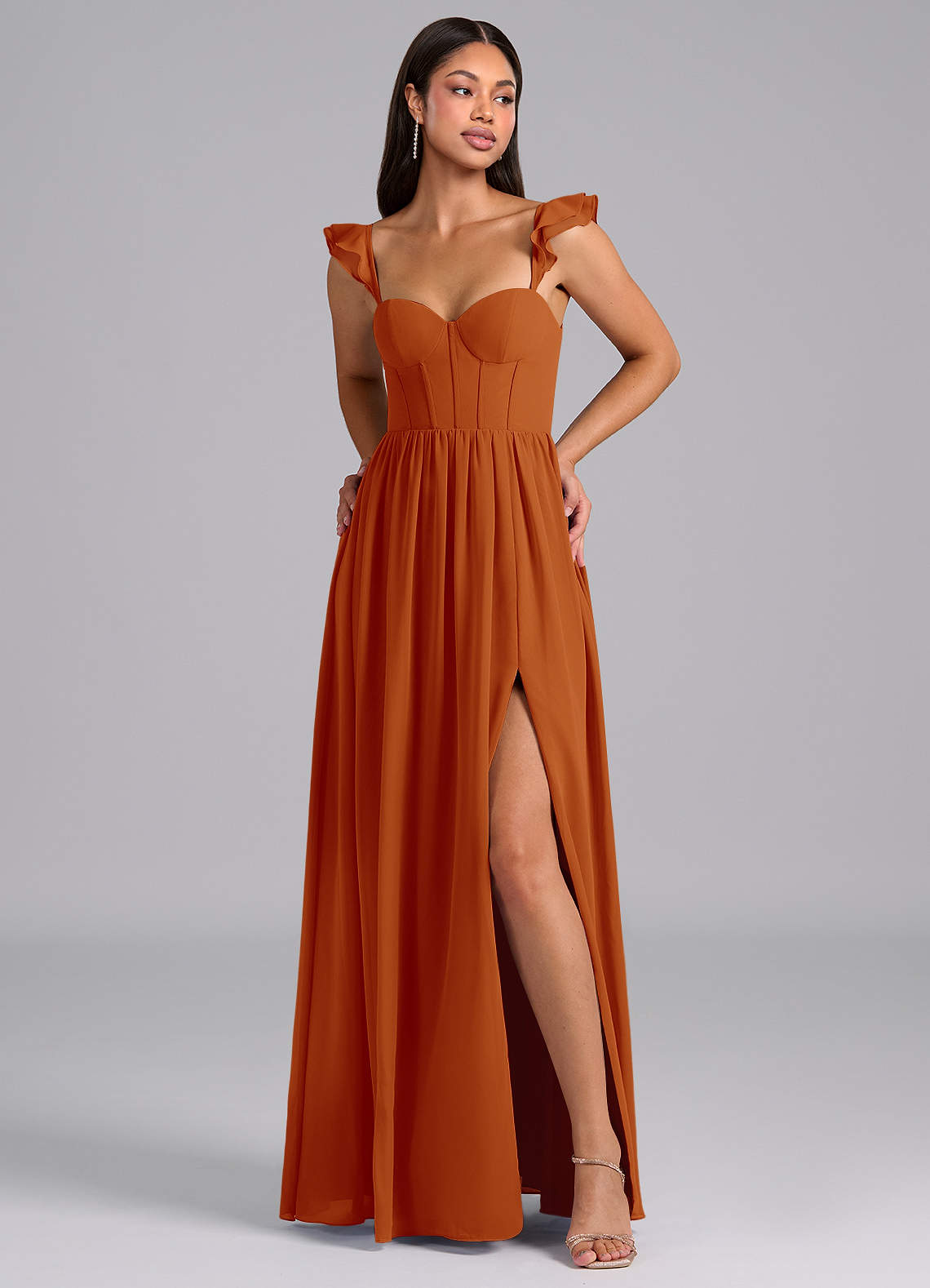 Azazie Denisse 신부 들러리 드레스 A라인 셔링 쉬폰 바닥 길이 드레스 image1