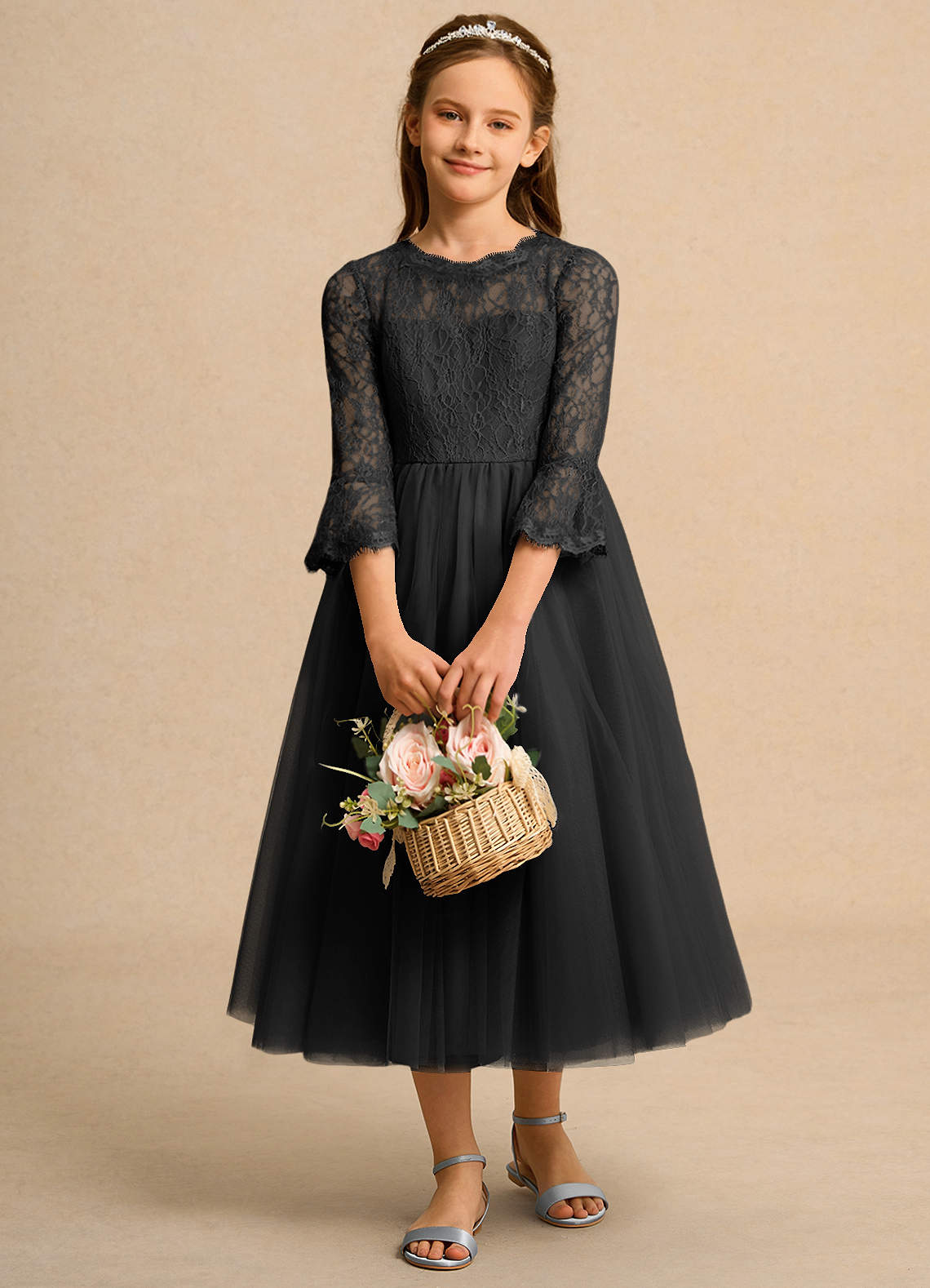 Azazie Lamb Girl vestidos de niña de las flores Vestido de Negro de Encaje de Princesa image1