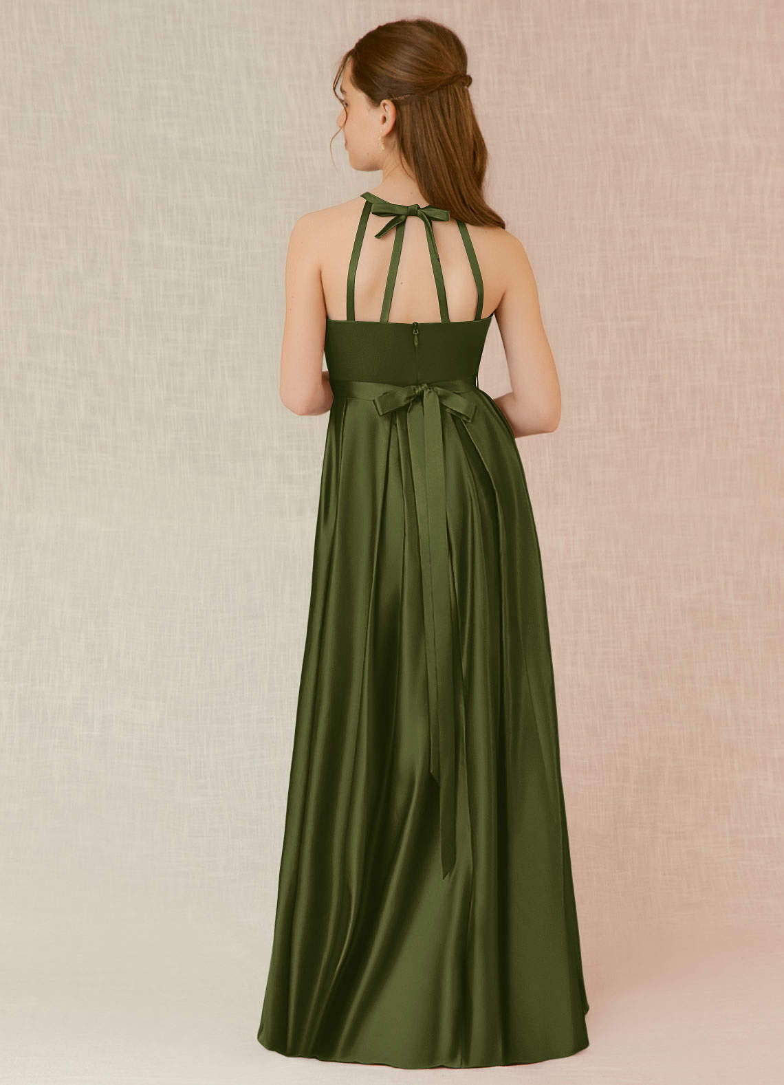 Azazie Arianthe Junior Olive A-Line with Pockets Stretch Satin Dress image1