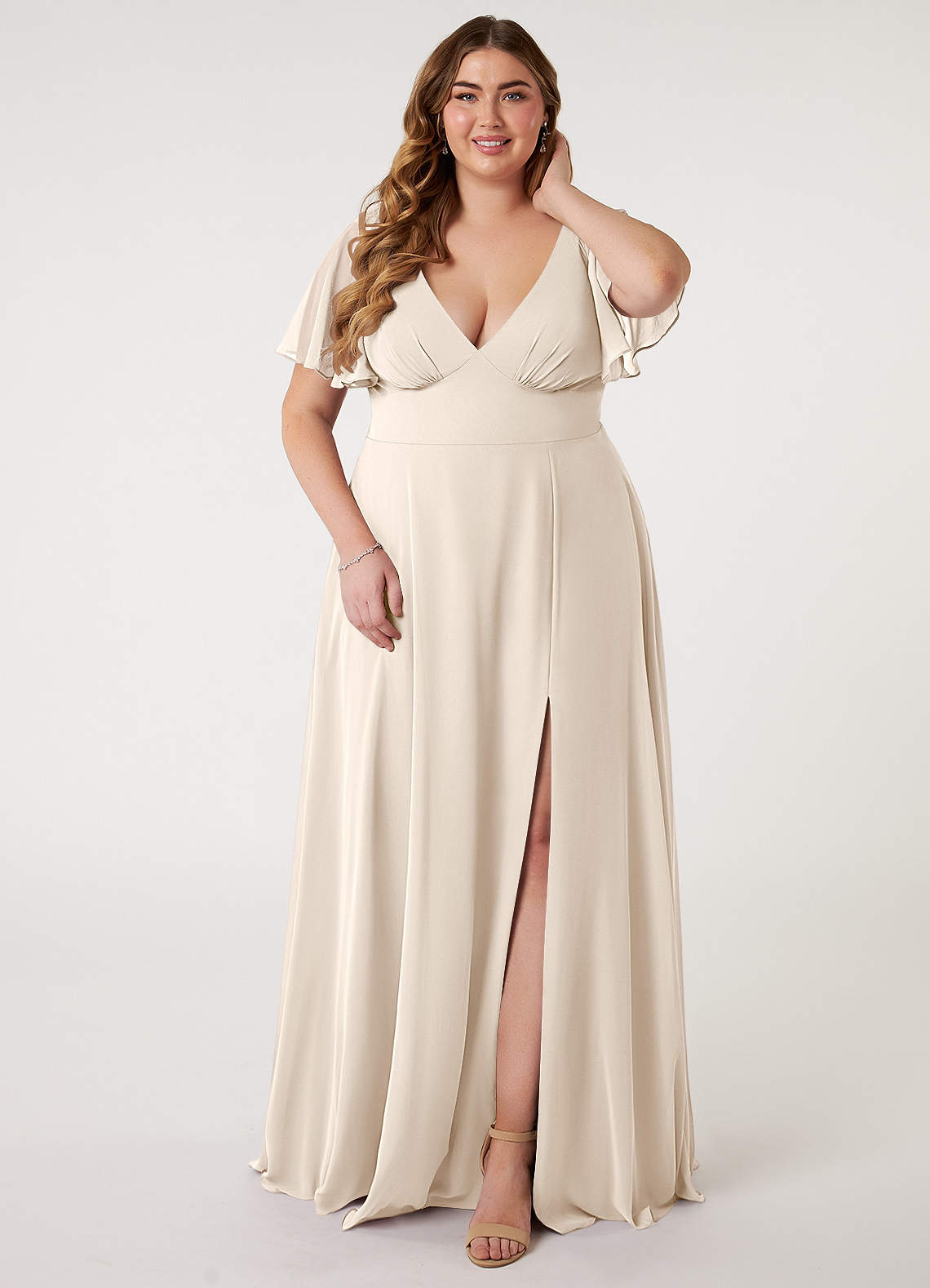 Azazie Kimber Bridesmaid Dresses White Alabaster A-Line Flounce Sleeve Chiffon Dress image1