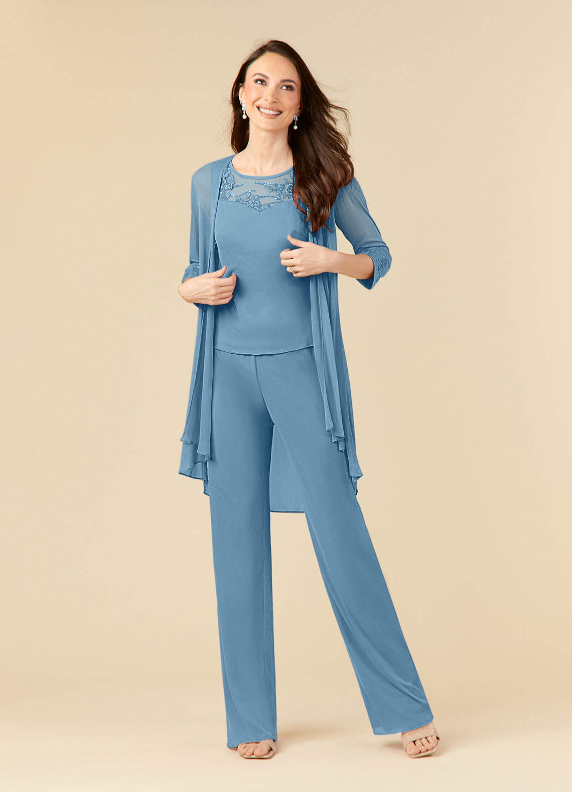 Azazie Frances Mother of the Bride Dresses Steel Blue Jumpsuit/Pantsuit Scoop Mesh Dress image1