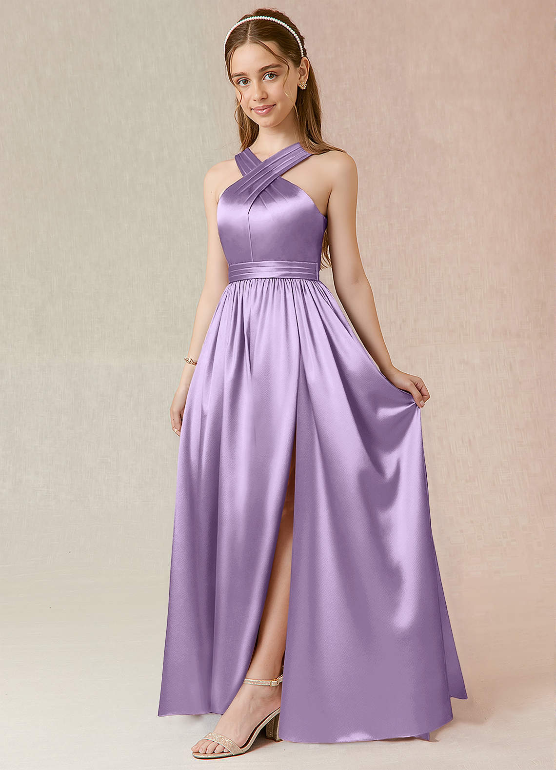 Azazie Jiya Junior Lilac A-Line Pleated Metallic Satin Dress image1