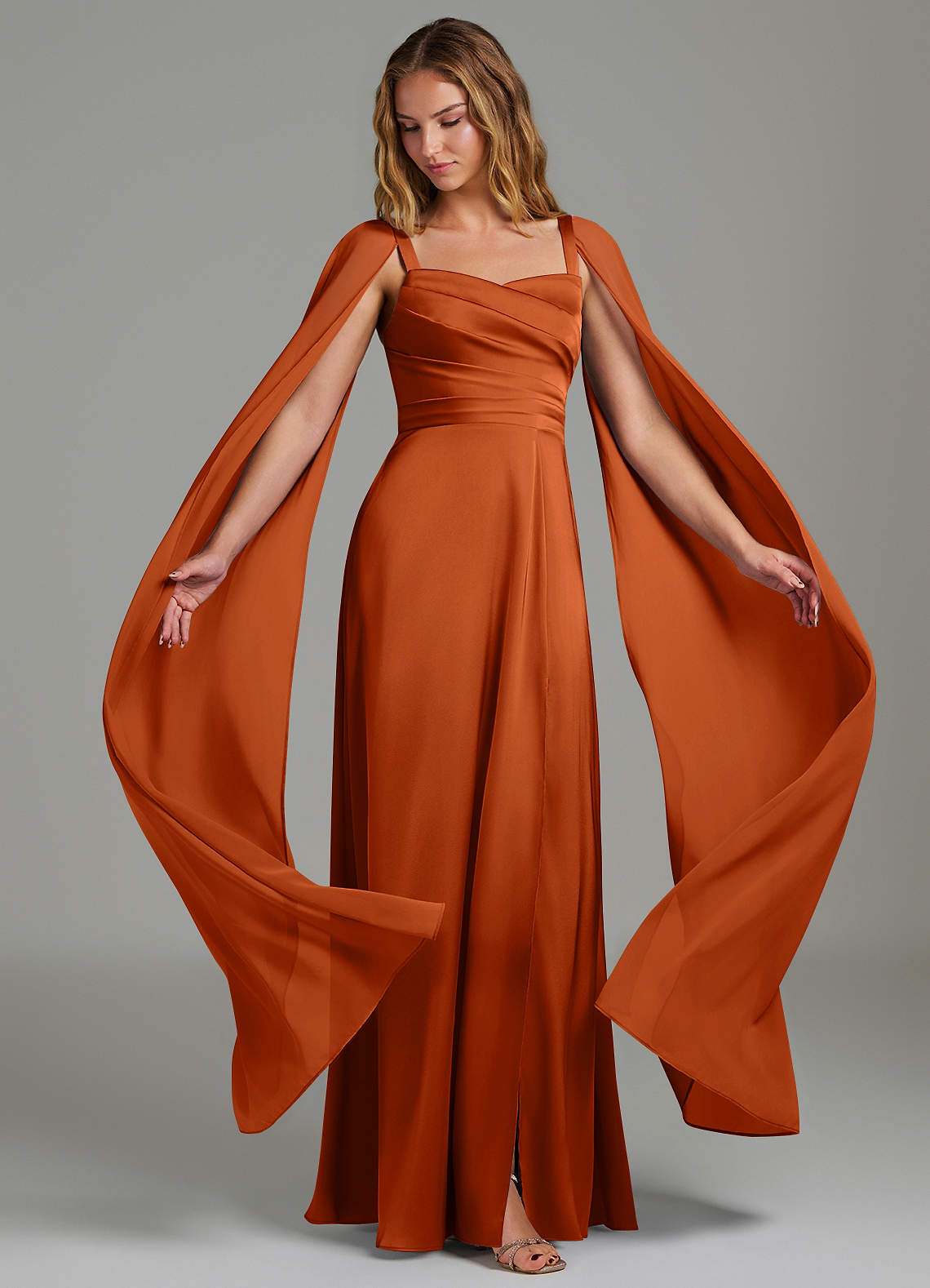 infinity dress burnt orange Azazie Niveah Burnt Orange Stretch Satin Bridesmaid Dresses